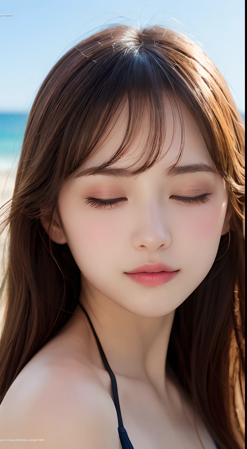 masutepiece, Best Quality, Illustration, Ultra-detailed, finely detail, hight resolution, 8K Wallpaper, Perfect dynamic composition, Beautiful detailed eyes, Swimsuit, Natural Color Lip,Beach, Random and cute poses, Kissing face,Close your eyes,Kiss the viewer,Perfect and beautiful face,Cute