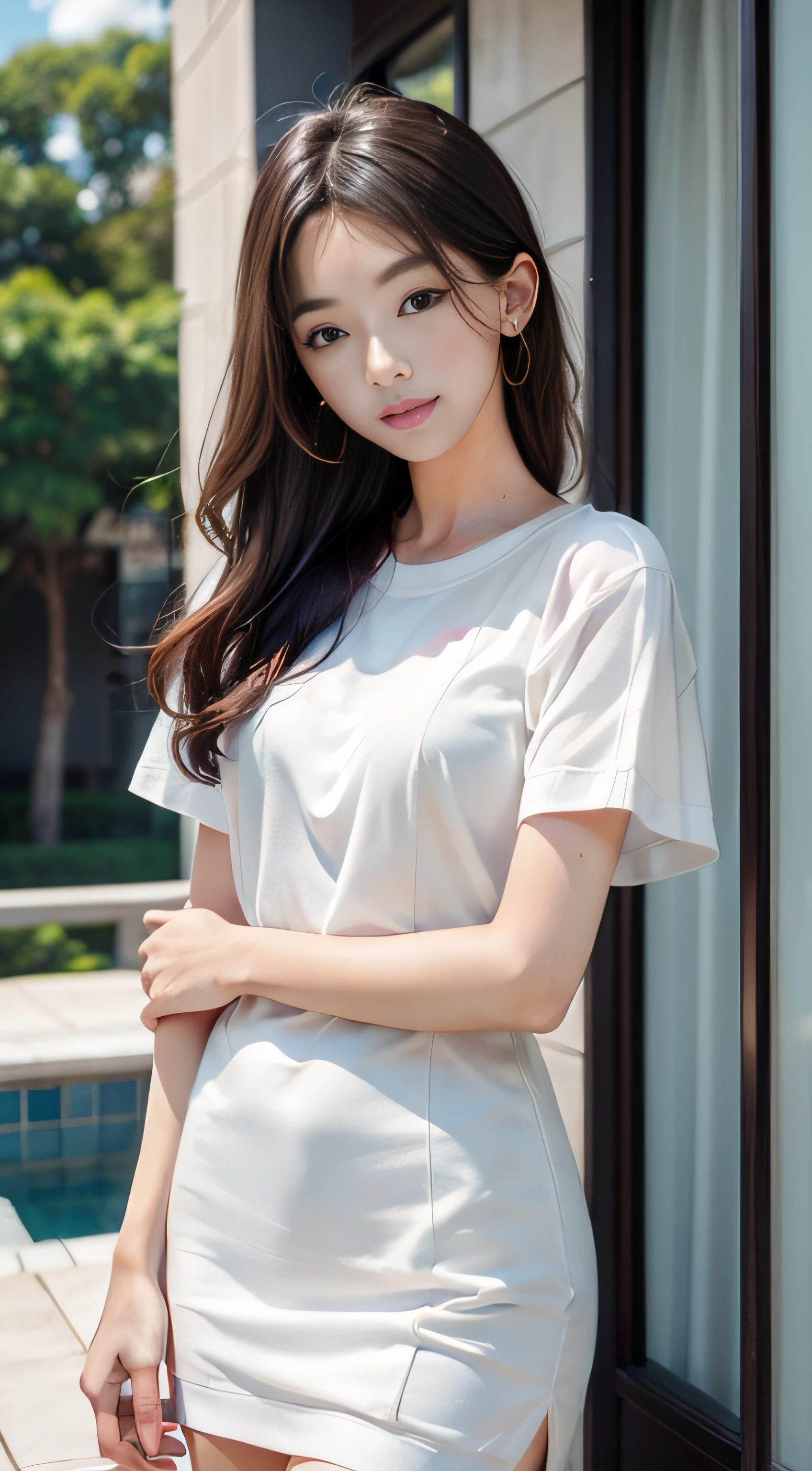 ​masterpiece、Top image quality:1.2、((beautiful young woman with))、Transparent skin:1.2、{A slight smil}、(kawaii)、Short sleeve knit、luxury hotel、depth of fields