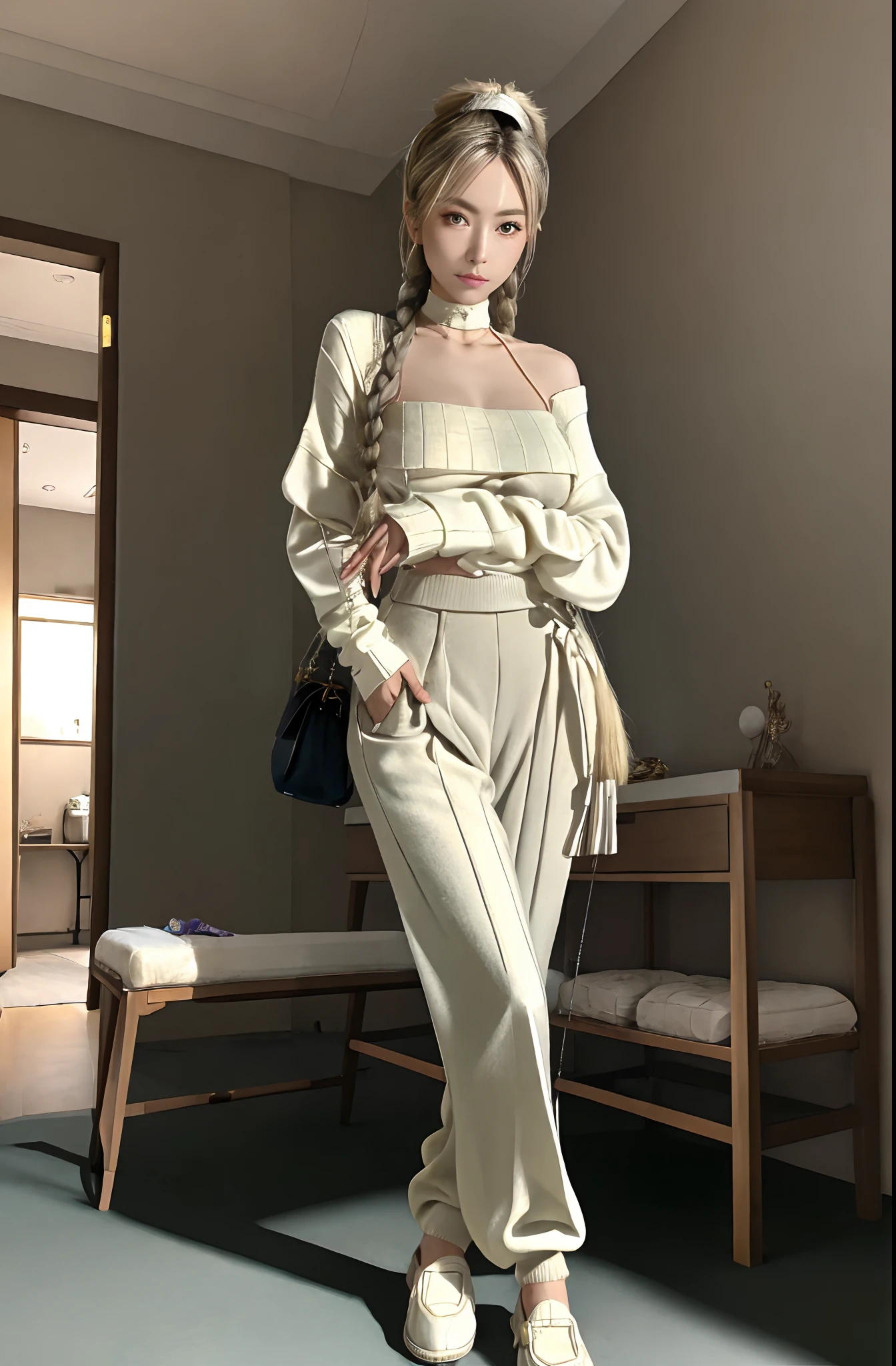 gigantic cleavage breasts。Excellent breasts,tmasterpiece,Hyper-realistic,32k,the Extremely Detailed CG Unity 8K Wallpapers,best qualtiy,tmasterpiece,Hyper-realistic,32k,Very detailed CG unity 8k wallpaper,best qualtiy,(winter day),maam,choker necklace,eardrop,Grand canyon, Chinese big breasts, ( Orchid Pair's fitted turtleneck sweater paired with wide-leg pants and loafers。), Gray blonde hair in braids,