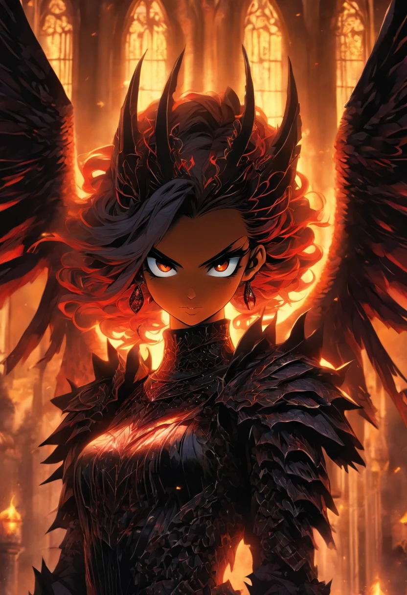 ((Chica de la armadura reina)) , (gothic style), Vista de cuerpo completo , ombligo, The most beautiful and sexy demon goddess, Pelo largo y blanco, Ojos rojos brillantes, Wearing detailed black gothic battle armor, black angel wings, tatuajes y piercings, Gothic castle, Obra maestra perfecta, alta calidad, High resolution, The dogma of the dragon, Brazos cruzados sobre el pecho