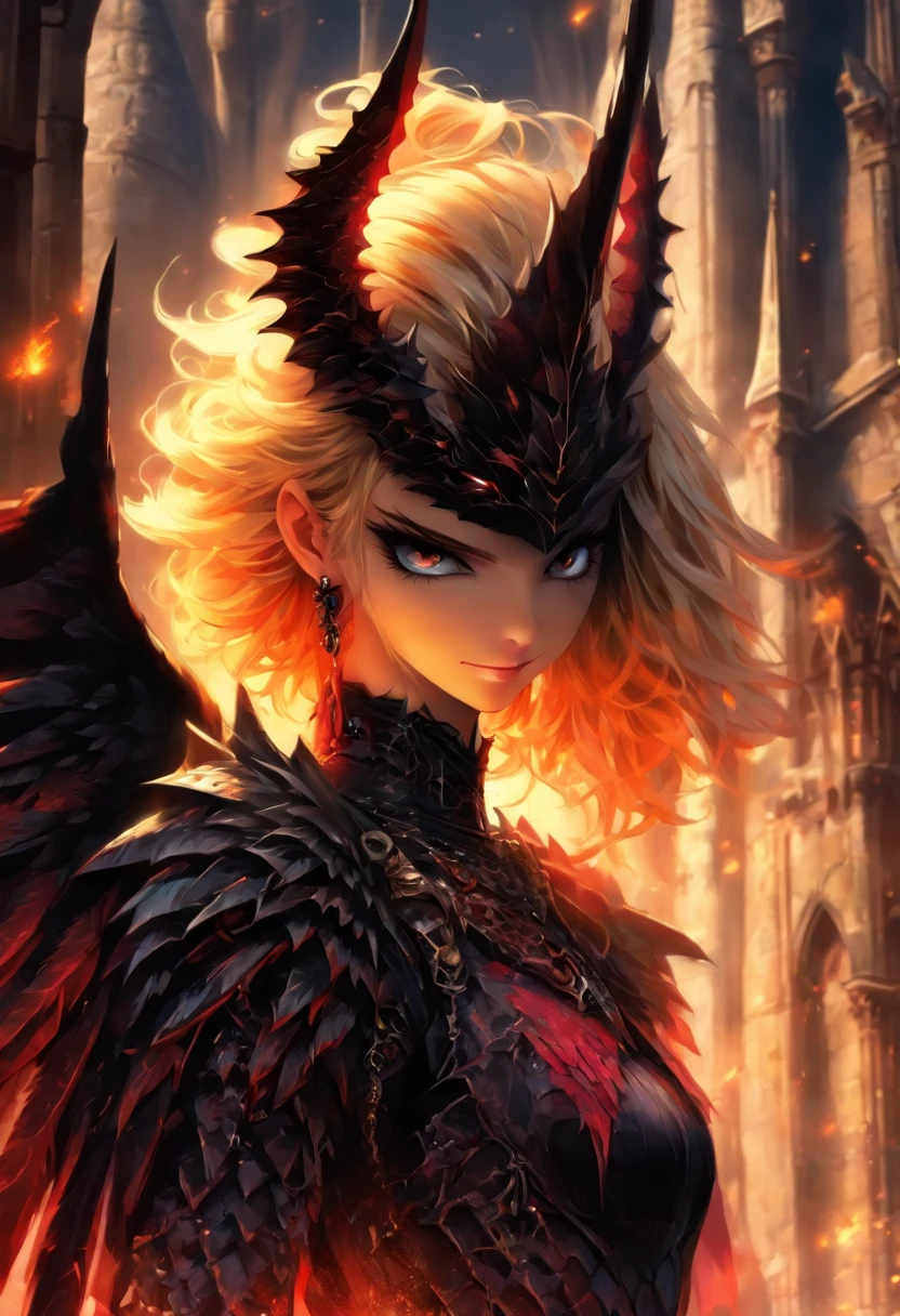 ((Chica de la armadura reina)) , (gothic style), Vista de cuerpo completo , ombligo, The most beautiful and sexy demon goddess, Pelo largo y blanco, Ojos rojos brillantes, Wearing detailed black gothic battle armor, black angel wings, tatuajes y piercings, Gothic castle, Obra maestra perfecta, alta calidad, High resolution, The dogma of the dragon, Brazos cruzados sobre el pecho