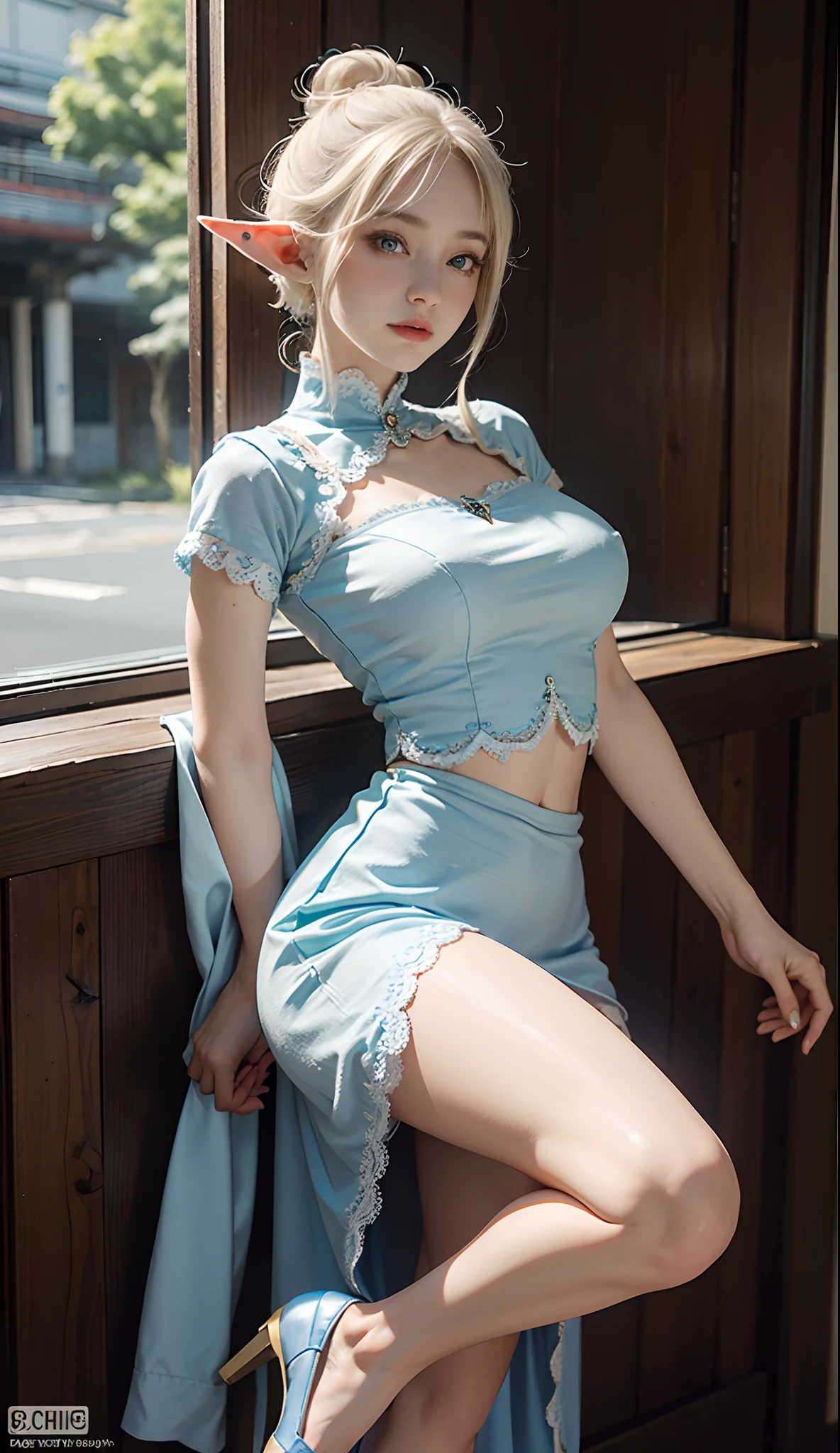 （Extremely normal body：2.0）Japan Highway：1 Elf beauty，White crop top top，(Elf long ears)，extra very short hair，A bun，Blue-lace-trimmed maxi dress)，Long blue dress，Skirt that reaches the feet，White short stockings，Mary Jane shoes，two longer legs，Normal feet ， very detailed eyes and faces， Sharp pupils， realistic pupil， tack sharp focus， cinmatic lighting，full bodyesbian，Bigboobs，long leges，From the front side，dynamicposes，Normal posture，closeup of face