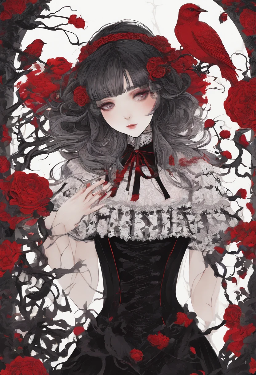 A girl in a garden,beautiful detailed eyes,beautiful detailed hair ,long eyelashes, Jiangshi,illustration,highres,ultra-detailed,realistic,horror,red color palette,dramatic lighting