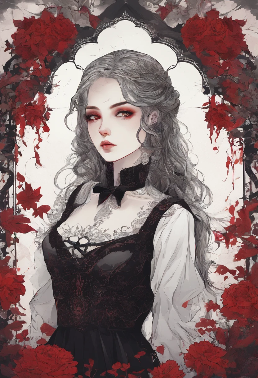 A girl in a garden,beautiful detailed eyes,beautiful detailed hair ,long eyelashes, Jiangshi,illustration,highres,ultra-detailed,realistic,horror,red color palette,dramatic lighting