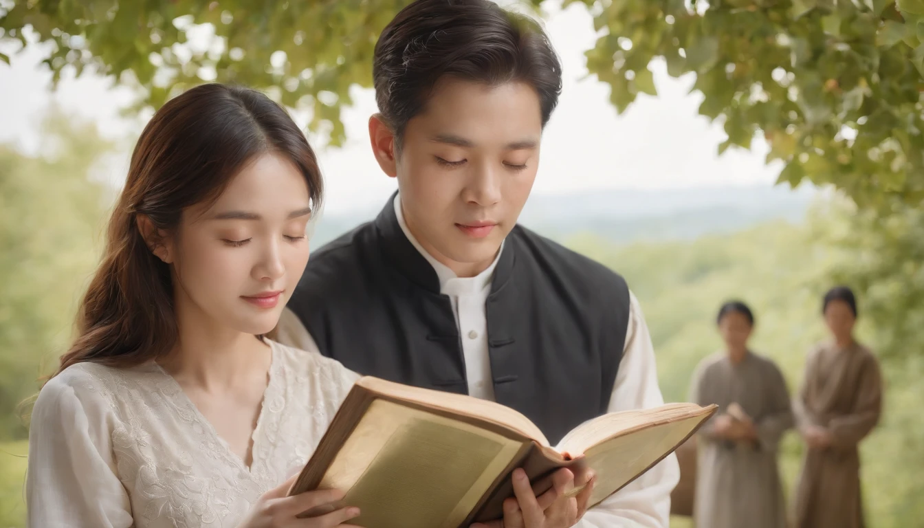 (Best Quality,Ultra-detailed,realisitic:1.37),portrait of a,Korean men and women reading the Bible,Oil Painting,Cathedral attire, View of the cathedral in the distance,Peaceful garden scene,Soft sunlight,tranquil expression,wisdom,Bible Quotes,vibrant colours,delicate brushwork,subtle textures,lush greenery,Contemplative atmosphere,Beautiful picture book,Highlighted features:Eyes in focus,gentle smiling,Graceful posture,Sunlight shining through the trees,rays,Quiet surroundings,serene ambiance,A Blessed Moment