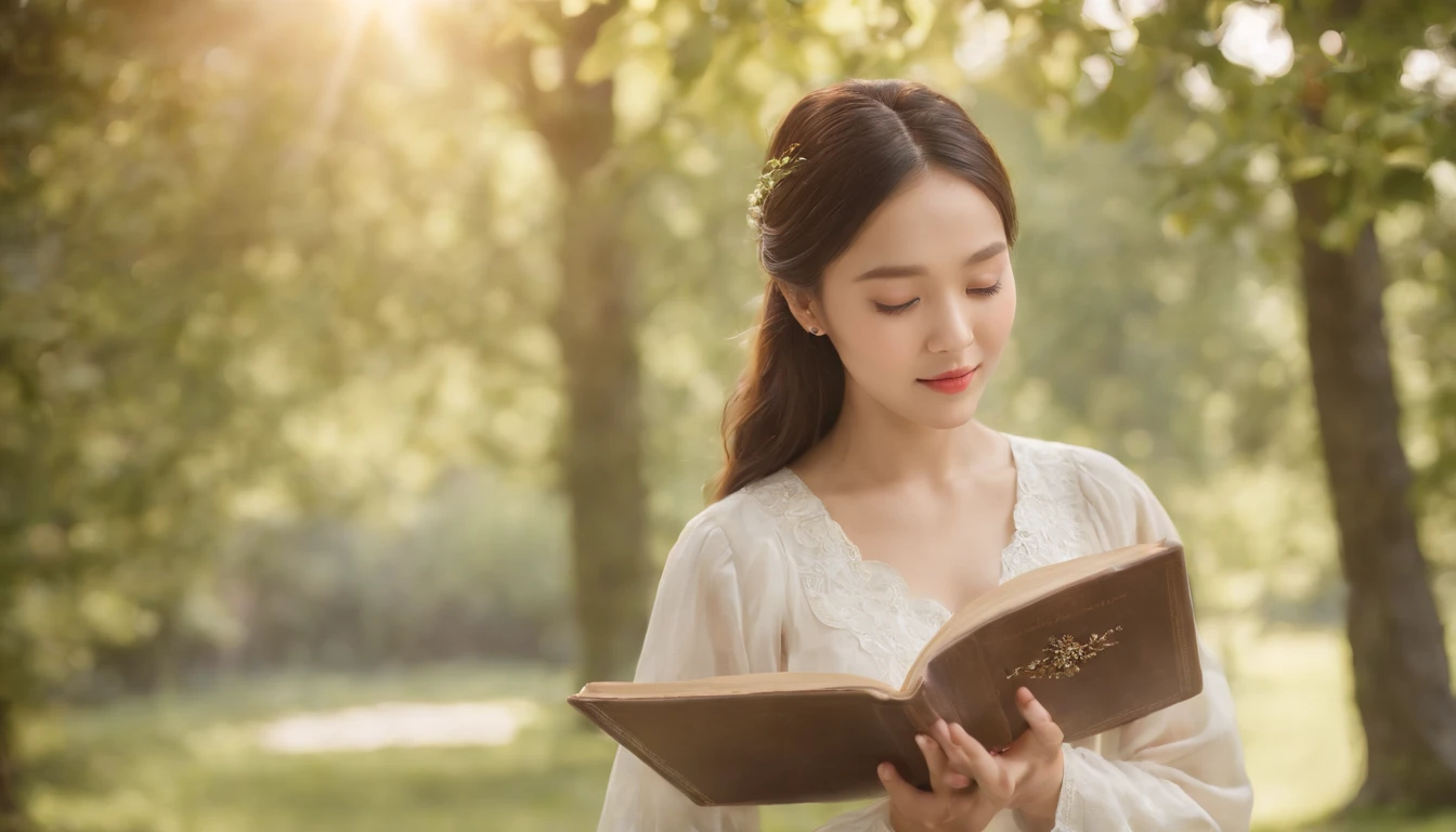 (Best Quality,Ultra-detailed,realisitic:1.37),portrait of a,Korean men and women reading the Bible,Oil Painting,Cathedral attire, View of the cathedral in the distance,Peaceful garden scene,Soft sunlight,tranquil expression,wisdom,Bible Quotes,vibrant colours,delicate brushwork,subtle textures,lush greenery,Contemplative atmosphere,Beautiful picture book,Highlighted features:Eyes in focus,gentle smiling,Graceful posture,Sunlight shining through the trees,rays,Quiet surroundings,serene ambiance,A Blessed Moment