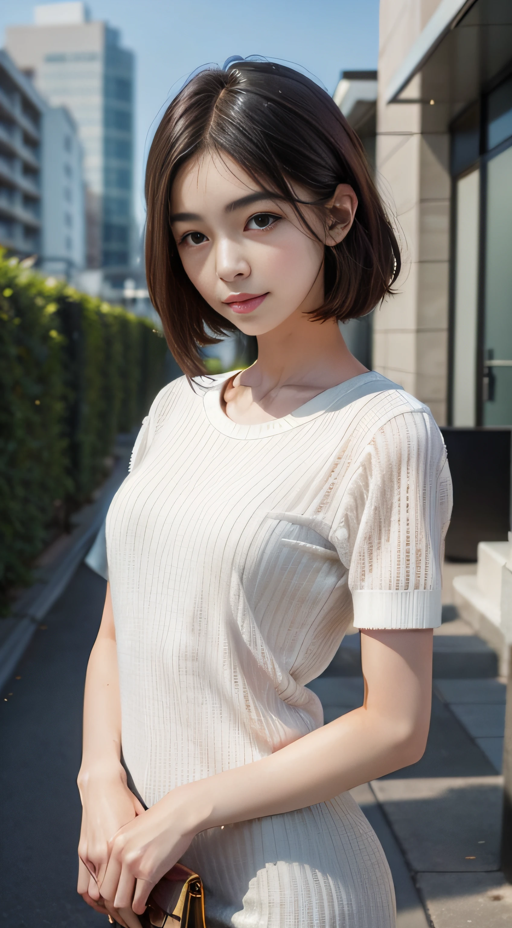 ​masterpiece、Top image quality:1.2、((beautiful young woman with))、Transparent skin:1.2、{A slight smil}、(kawaii)、Short sleeve knit、luxury hotel、depth of fields