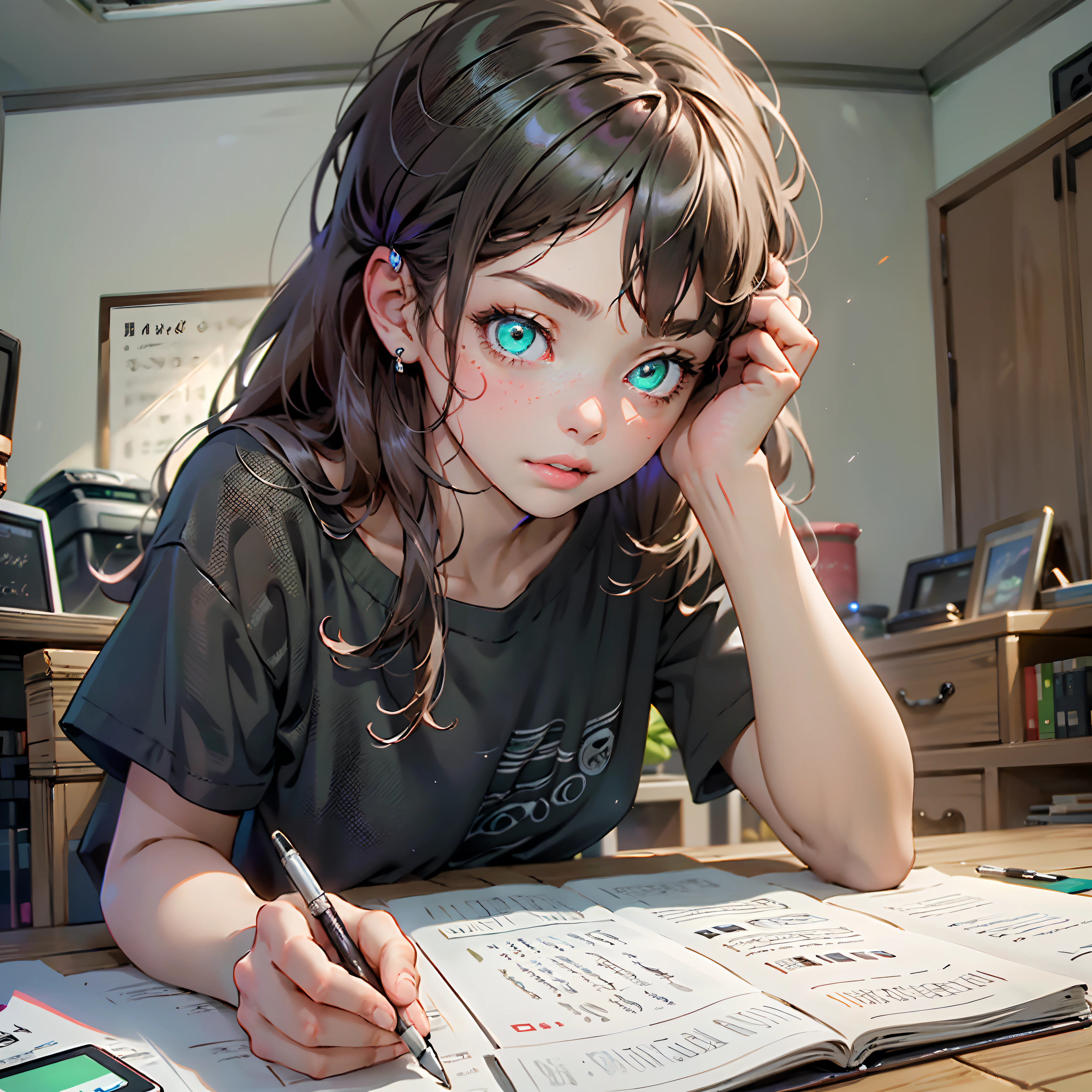 ((1girl,solo))absurdres, highres, ultra detailed, (1girl:1.3), (disheveled hair,beautiful detailed eyes,shiny oily skin:1.1),(green eyes)
study room
Quiet music is playing in a dark room
various writing tools and electronic devices
Wearing shorts and a t-shirt
The girl is lying in bed and sleeping