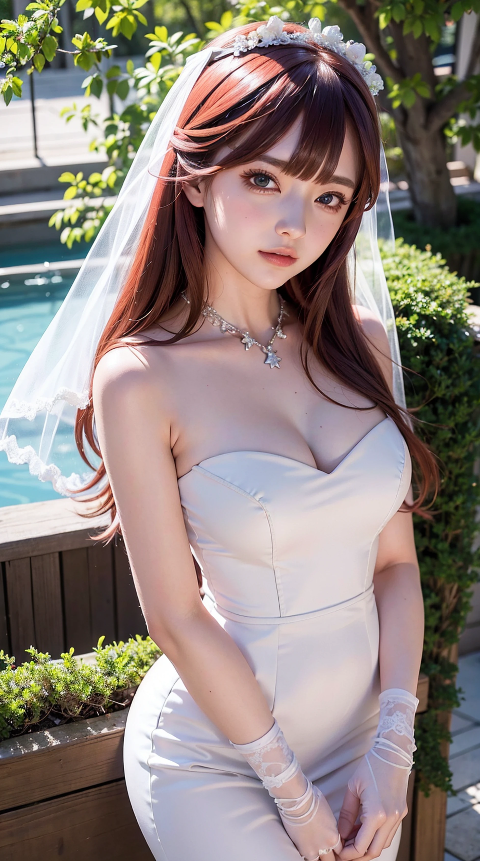 Anime image of a woman in a short skirt and white shirt, Seductive Anime Girl, beautiful anime high school girl, Ecchi anime style, Smooth Anime CG Art, charming anime girls, anime moe art style, Realistic Schoolgirl, marin kitagawa fanart, beautiful alluring anime , nagatoro, Anime Best Girl, a hyperrealistic schoolgirl, Itsuki Nakano, Bangs, Blue eyes, hair between eye, Ahoge, Red hair, Red hair, Star \(symbol\), Hair Ornament, gloves, Dress, cleavage, Bare shoulders, 鎖骨, elbow groves, White Gloves, White Dress, Strapless, tiarra, veils, straplessdress, wedding dress, Bridal Veil, Beautiful woman, Perfect body, Perfect breasts, wearing a wedding dress, ballgown, Trees in the park々Inside, Wedding Decorations, Looking at the viewer, A slight smile, Realism, masutepiece, Textured skin, Super Detail, high detailing, High quality, Best Quality, 1080p, 16 K