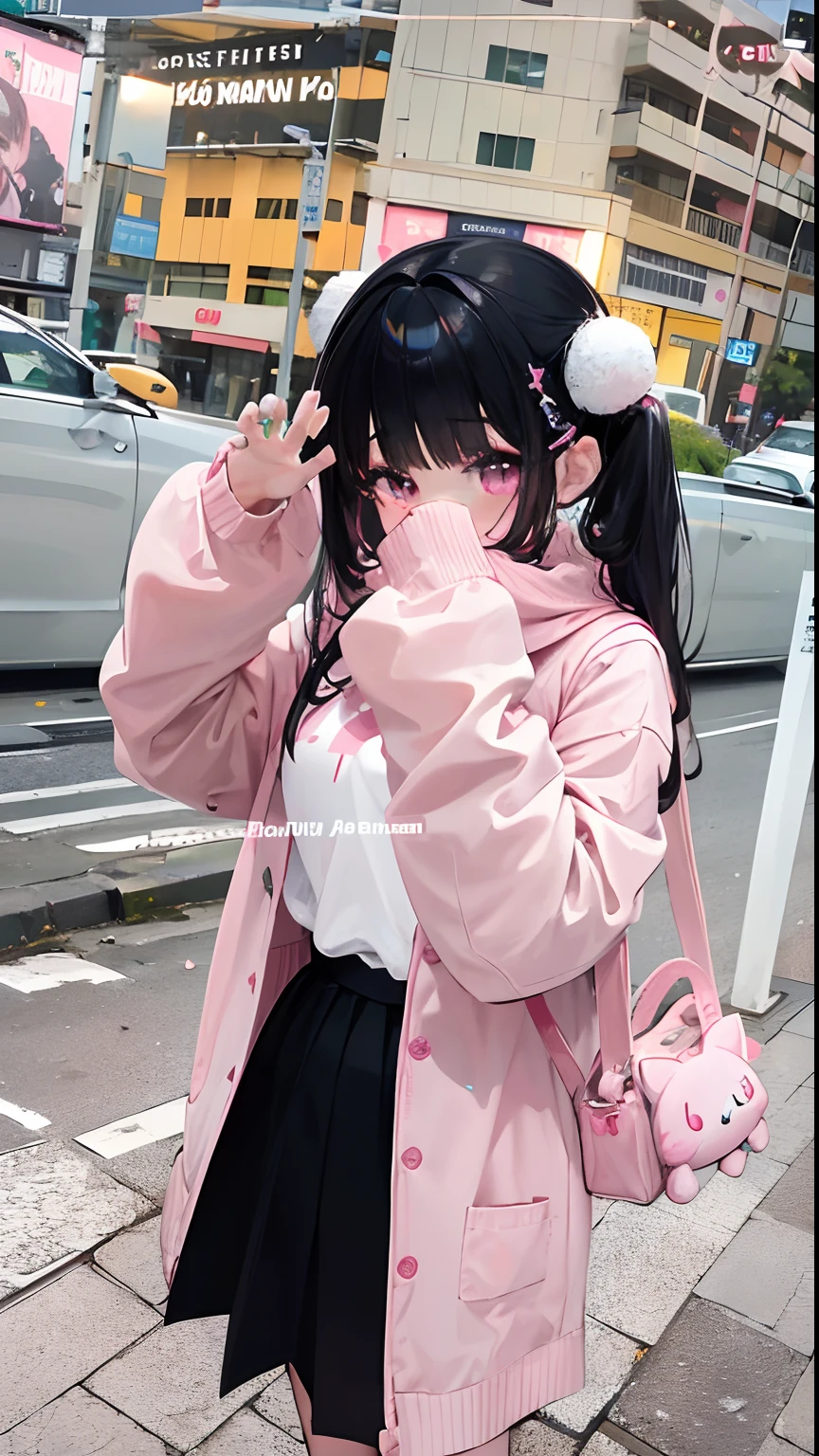 a close up of a person wearing a pink sweater and a black skirt, kawaii style, kemonomimi, cute kawaii girl, ulzzang, japanese kawaii style, light pink, (pink colors), kawaii aesthetic, ddlc, ((pink)), sakimichan, lovely and cute, kawaii japanese style, pastel pink, reluvy5213