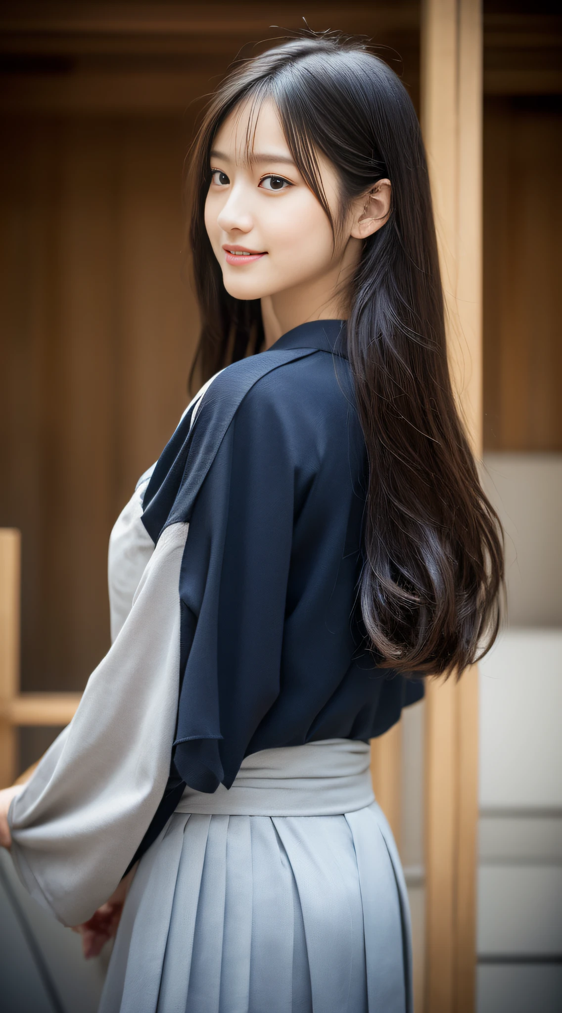 (((32ｋ,high detal,high-detail、​masterpiece,Attention to detail,full body Esbian,独奏))),Raw photo & realistic atmosphere,beautiful dark blue eyes,Detailed mouth,Glossy lips,Detailed eyebrows,Eyes drawn in detail with soft white skin that shines in every detail、Very beautiful eyes with azure eyes,Detailed lips、Very beautiful face,Very well-formed face、Lifelike face,shiny beautiful lips,Beautiful eyebrows,Infinite reality, Realistic Young Gravure Idol,Very cute high school girl, , Young Sensual Gravure Idol, Young Gravure Idol, extremely beautiful and cute１7 year old schoolgirl,with a flushed face,Incredibly beautiful and classy１7 year old beautiful girl,natural soft light,（Black shiny hair,,bare-legged,Kendo kimono and hakama,Beautiful kind eyes：1.5）,（youthfulness,Wearing kendo armor,Beautiful smooth legs,Exposed thighs,Thighs protruding from hakama,Gentle smile,well-shaped breasts,,Immature body,Japan Kendo Kimono,Kendo Match,Japanese style semi-long ponytail hair,Bunk your hair high and tie it into one,Beautiful posture,posterior view,facing back,no-makeup,woman samurai,woman swordsman：1.6）