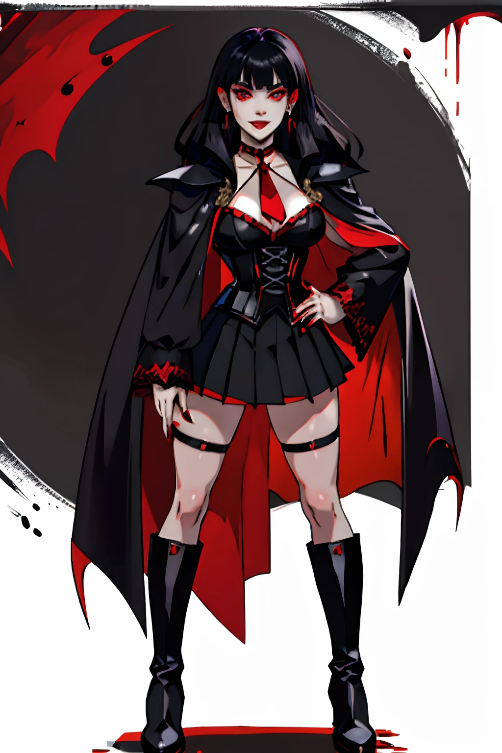 Woman, pale skin, black long hair with bangs,red eyes, black corset, black mini skirt, big nails, black boots, black makeup, black makeup shadow, black eyeliner, black circles, dark circles, blood dripping from the mouth, vampire teeth, lips red blood, vampire outfit, vampire woman, big eyelashes, seductive eyes, eyes red, psychopath face, psychopath vampire, full body standing