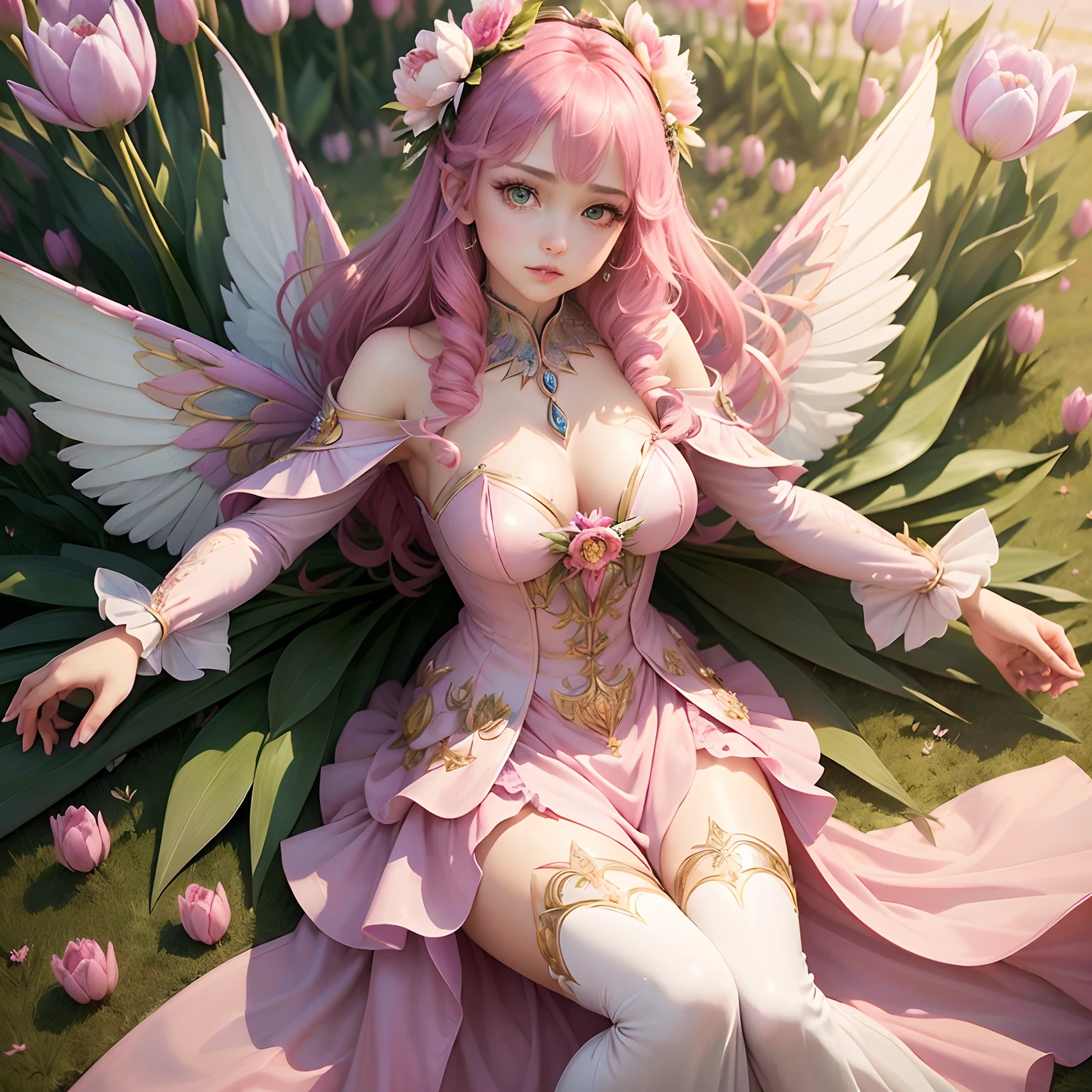 (Best Quality,Ultra-detailed,Realistic:1.37)、Tulip Fairy、An 18-year-old woman、The personification of tulips、(Sharp eyes:1.5)、Bewitching look、Fairy with wings、(Flashy clothes with tulip flower motifs、Emphasis on the characteristics of tulip flowers)、Tulip fields、Full body