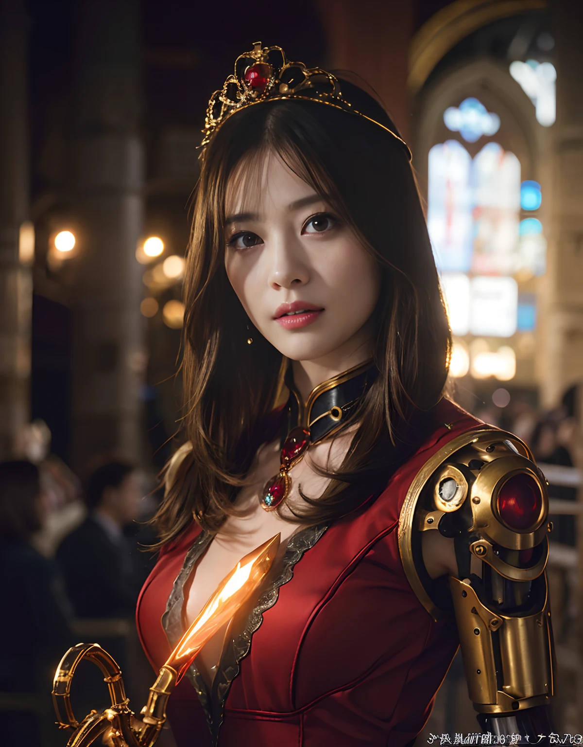 (1 Mechanical Girl)、top-quality、masterpiece、超A high resolution、(Wearing a crown made of jewels),(Photorealsitic:1.4)、Raw photo、女の子1人、Golden hair、glowy skin、(((1 Mechanical Girl)))、(Realistic dragon background)、(Fight big dragons)、With a beautiful knife、(Metal bodysuit)、(Beautiful church background)、Precipitous cliffs、(Small LED)、((super realistic details))、portlate、globalillumination、Shadow、octan render、(One-Eyed Scouter)、8K、ultrasharp、Colossal tits、Raw skin is exposed in cleavage、metals、Details of complex ornaments、Japan details、highly intricate detail、Realistic light、CGSoation Trends、Red Eyes、radiant eyes、Facing the camera、neon details、(Mechanical limbs)、(blood vessels connected to tubes)、Mechanical vertebrae attached to the back、mechanical cervical attaching to neck、(Wires and cables connecting to the head)、Gundam、Small LED、,Mechanical thighs、Toostock、(Hands are also made of machines)、