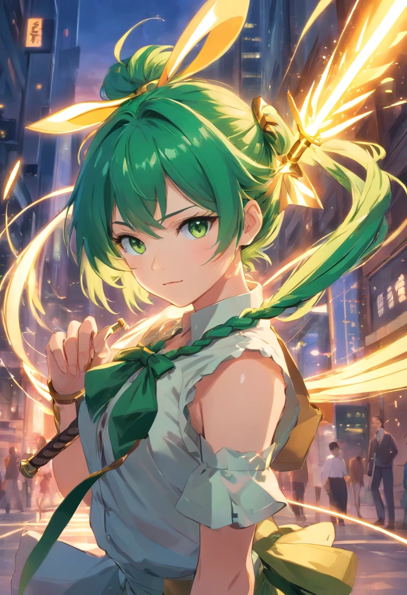 1 girl, green hair, messy hair, small twintail braids on front of hair, green eyes, golden bow (weapon) slung across back, well dressed, archer,