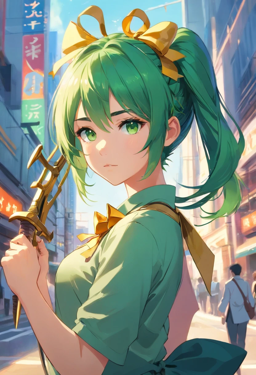 1 girl, green hair, messy hair, small twintail braids on front of hair, green eyes, fancy grand golden bow(weapon) slung across back, well dressed, archer,