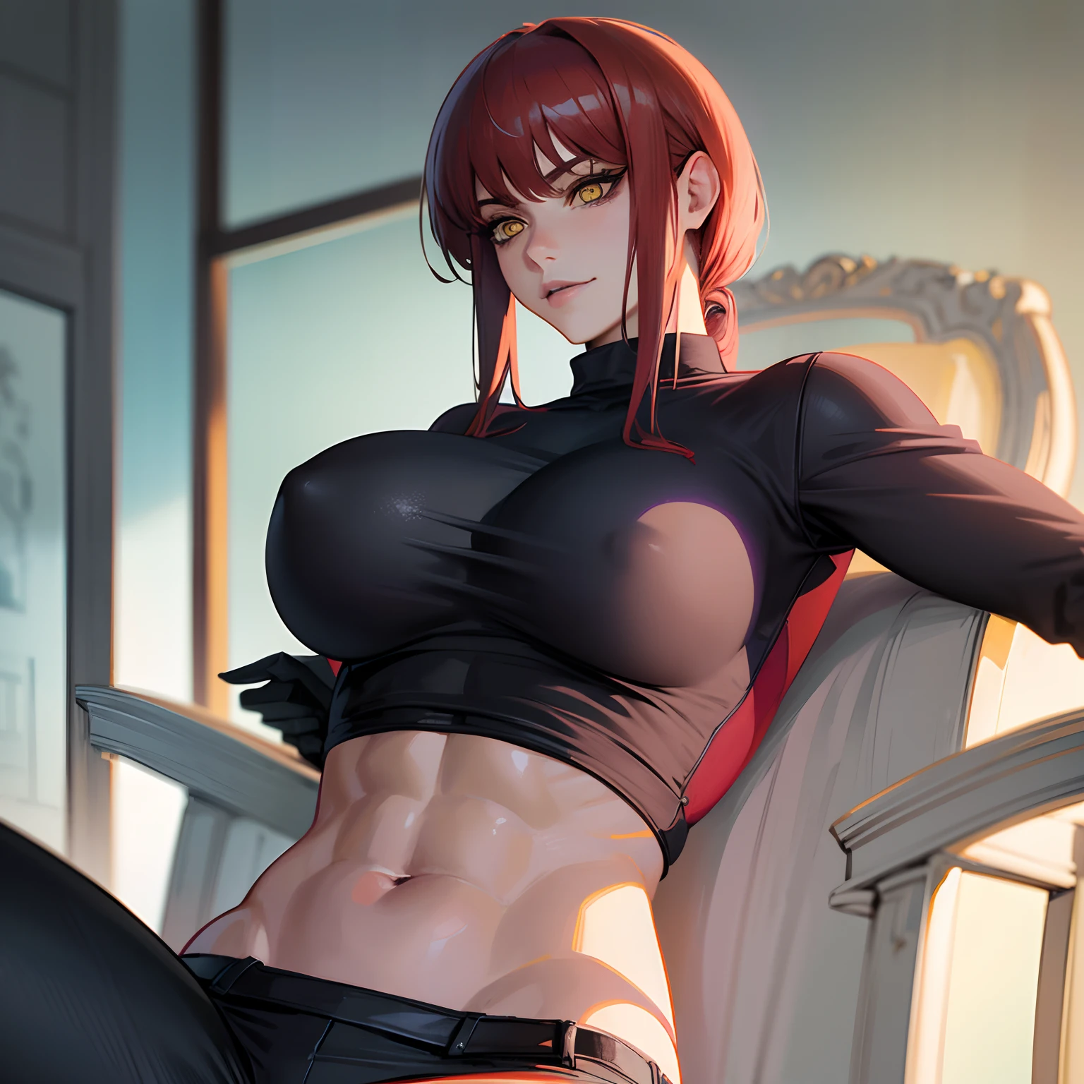 ((top quality, 8k, masterpiece: 1.3, ultra hd, high quality, best quality, high definition, realism)), sharp focus: 1.2, Beautiful woman with a muscular body, Red hair, Beautiful yellow eyes, sharp eyes, Beautiful and cruel face, thin face, big tits, White formal shirt with open buttons, tight black pants, Abs, Arm muscle, Sexy and seductive pose on chair, Both thighs opened very wide.
