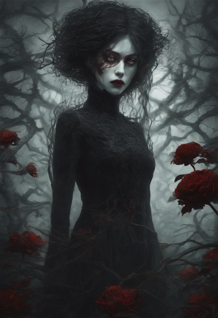 A girl in a garden,beautiful detailed eyes,beautiful detailed hair ,long eyelashes, Jiangshi,illustration,highres,ultra-detailed,realistic,horror,red color palette,dramatic lighting