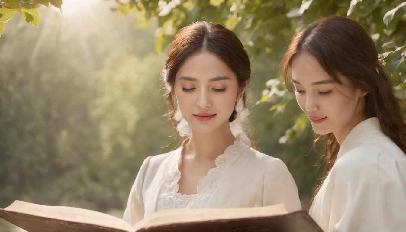 (Best Quality,Ultra-detailed,realisitic:1.37),portrait of a,Korean men and women reading the Bible,Oil Painting,Cathedral attire, View of the cathedral in the distance,Peaceful garden scene,Soft sunlight,tranquil expression,wisdom,Bible Quotes,vibrant colours,delicate brushwork,subtle textures,lush greenery,Contemplative atmosphere,Beautiful picture book,Highlighted features:Eyes in focus,gentle smiling,Graceful posture,Sunlight shining through the trees,rays,Quiet surroundings,serene ambiance,A Blessed Moment