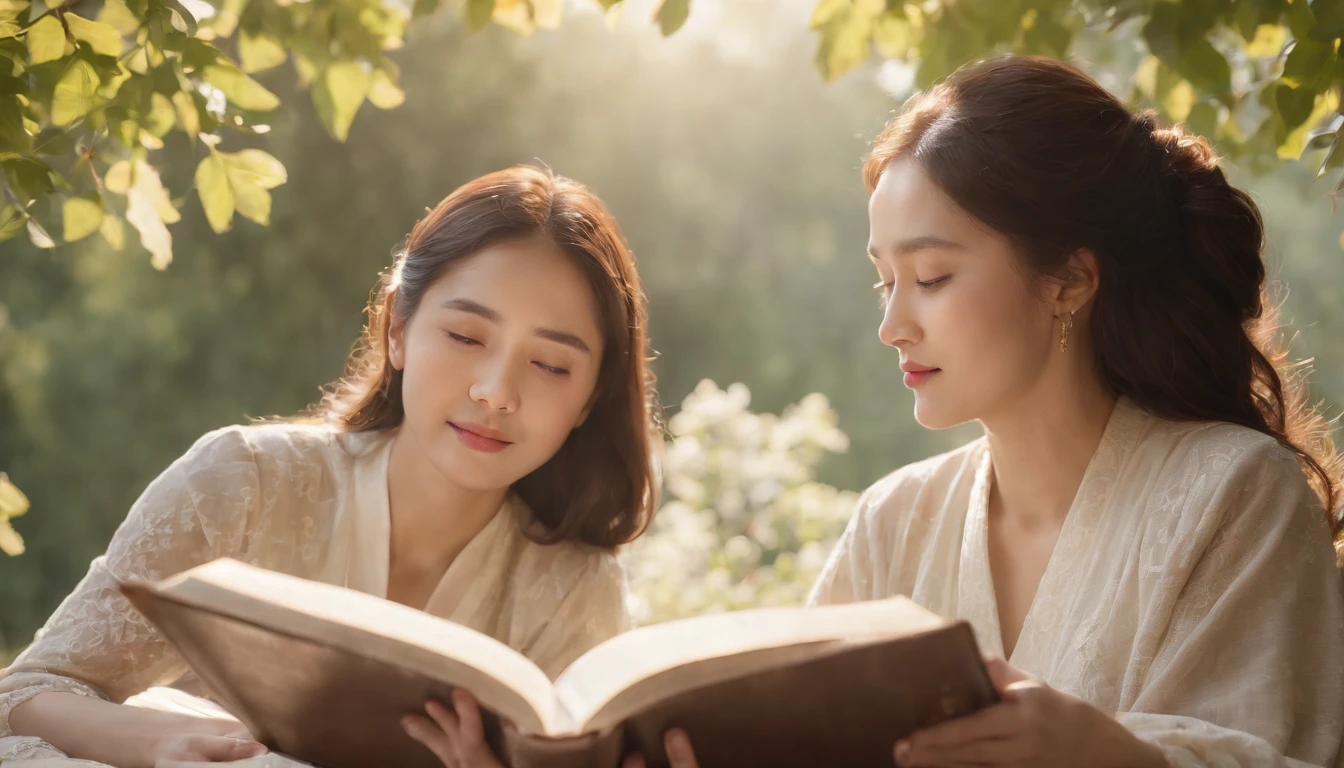 (Best Quality,Ultra-detailed,realisitic:1.37),portrait of a,Korean men and women reading the Bible,Oil Painting,Cathedral attire, View of the cathedral in the distance,Peaceful garden scene,Soft sunlight,tranquil expression,wisdom,Bible Quotes,vibrant colours,delicate brushwork,subtle textures,lush greenery,Contemplative atmosphere,Beautiful picture book,Highlighted features:Eyes in focus,gentle smiling,Graceful posture,Sunlight shining through the trees,rays,Quiet surroundings,serene ambiance,A Blessed Moment