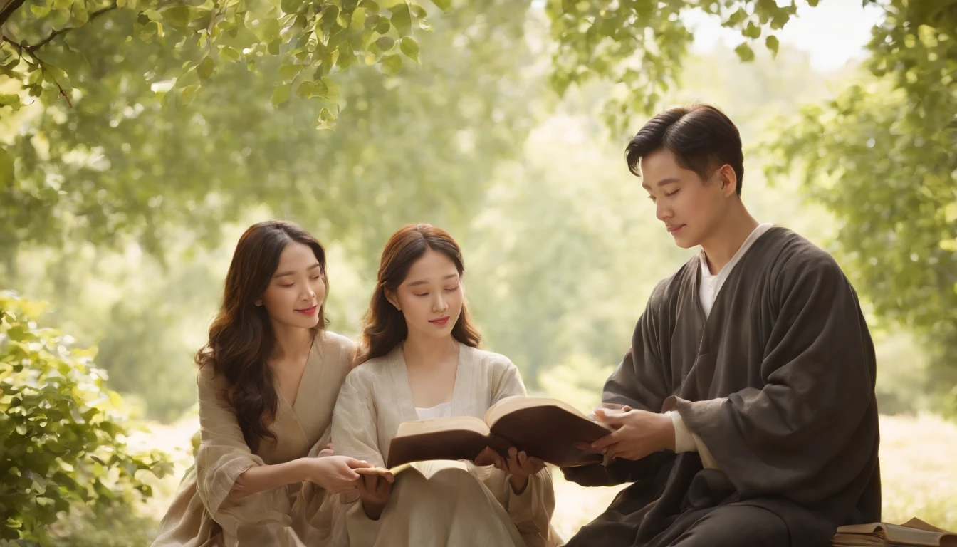 (Best Quality,Ultra-detailed,realisitic:1.37),portrait of a,Korean men and women reading the Bible,Oil Painting,Cathedral attire, View of the cathedral in the distance,Peaceful garden scene,Soft sunlight,tranquil expression,wisdom,Bible Quotes,vibrant colours,delicate brushwork,subtle textures,lush greenery,Contemplative atmosphere,Beautiful picture book,Highlighted features:Eyes in focus,gentle smiling,Graceful posture,Sunlight shining through the trees,rays,Quiet surroundings,serene ambiance,A Blessed Moment