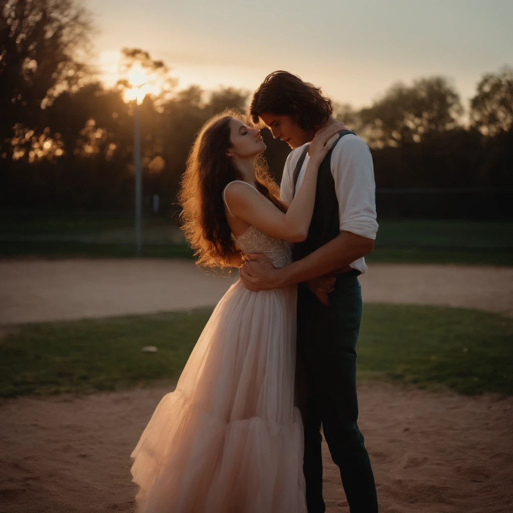 Bathed in the ethereal light of dusk, a pair of young lovers embrace in front of their school, their passion illuminated by the soft glow of the stars above. The girl's long brown hair cascades down her shoulders, blending harmoniously with the dark-haired boy's tousled locks. A basketball lies abandoned on the court, symbolizing their shared adventures. This poignant moment captured with vibrant colors and whimsical textures by Tim Walker.
