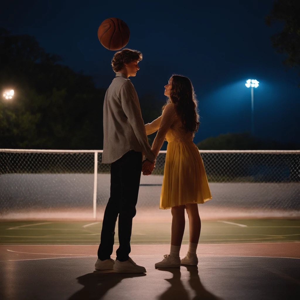 Bathed in the ethereal light of dusk, a pair of young lovers embrace in front of their school, their passion illuminated by the soft glow of the stars above. The girl's long brown hair cascades down her shoulders, blending harmoniously with the dark-haired boy's tousled locks. A basketball lies abandoned on the court, symbolizing their shared adventures. This poignant moment captured with vibrant colors and whimsical textures by Tim Walker.