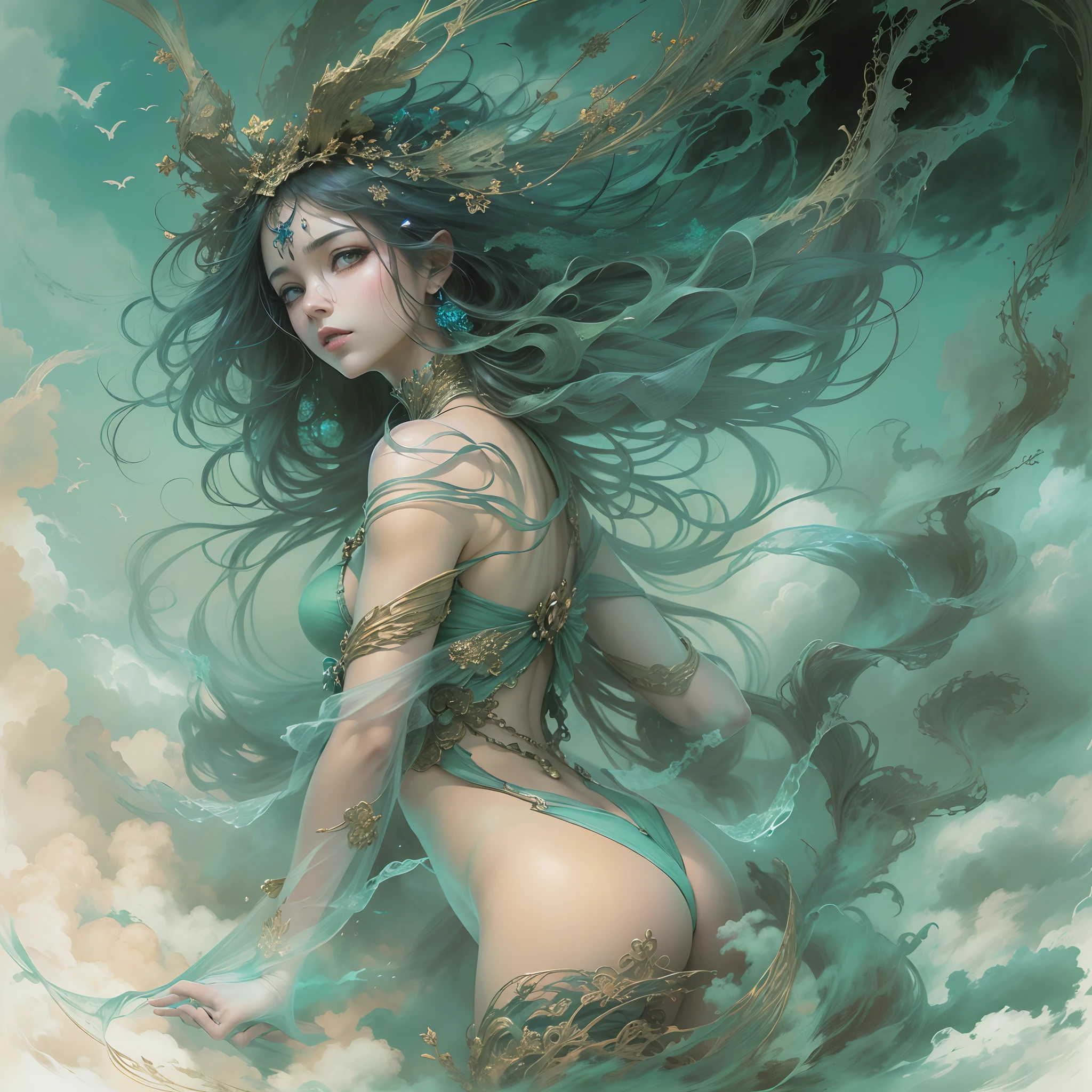 ((melhor qualidade)), ((obra-prima)), (detalhado), ((nua)), succubus sedutora, ethereal beauty, empoleirada em uma nuvem, (Fantasy Illustration: 1.3), olhar encantador, pose cativante, asas delicadas, charme sobrenatural, mystical sky, (Luis Royo:1.2), (Yoshitaka Amano:1.1), noite de luar, cores suaves, (paisagem de nuvens detalhada:1.3), (alta resolução:1.2)