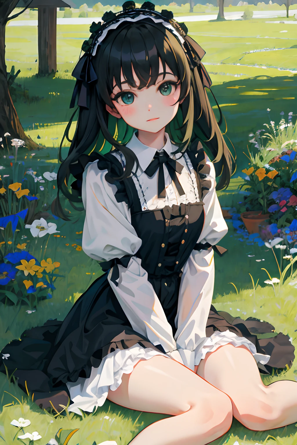 hand between legs，child，（​masterpiece，Highest Quality），Green Gothic Lolita，Pasture，A dark-haired