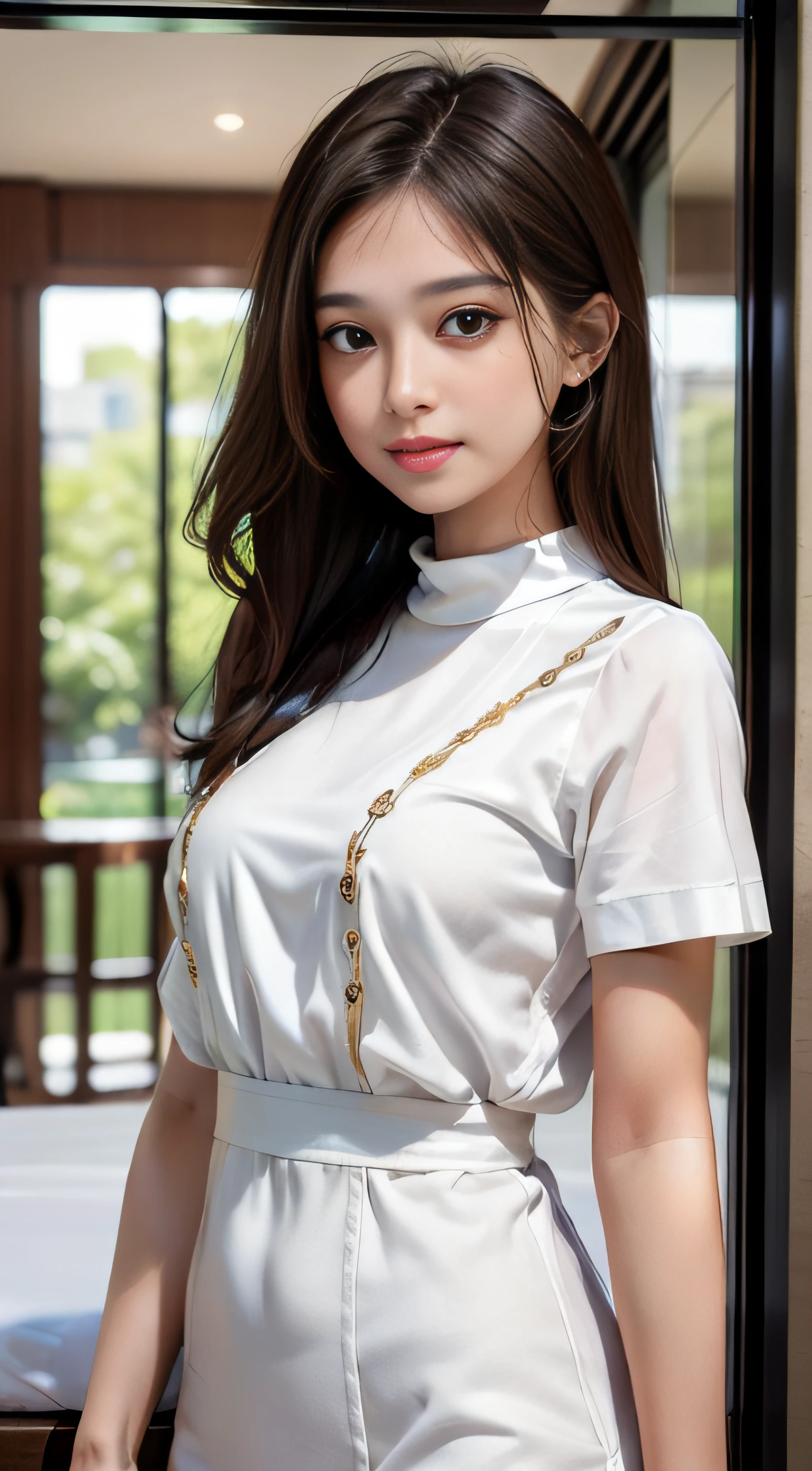 masterpiece、Top image quality:1.2、((beautiful young woman with))、Transparent skin:1.2、{A slight smil}、(kawaii)、Short sleeve knit、luxury hotel、depth of fields