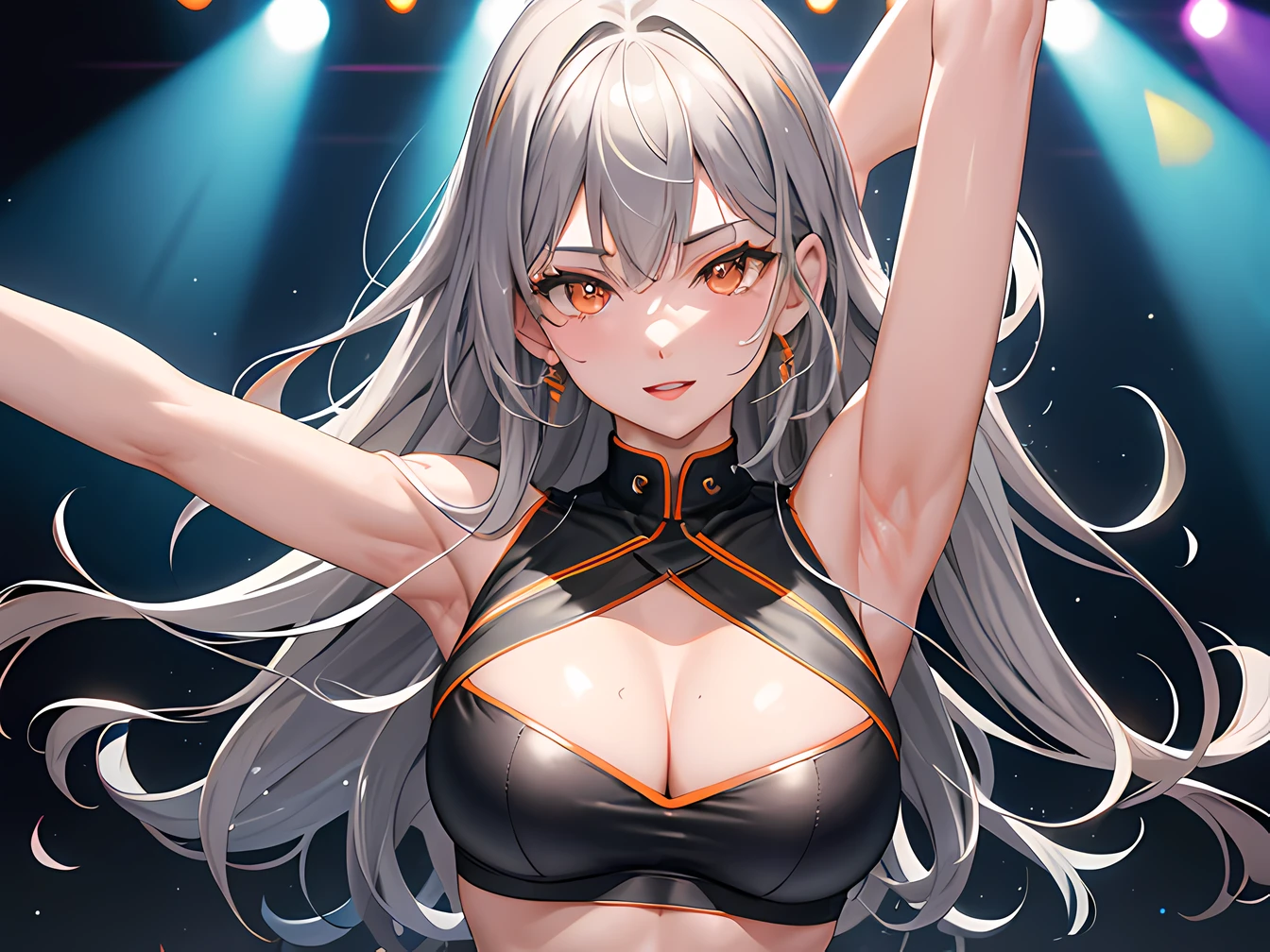 masterpiece, best quality, nightclub, disco lights, 1 girl, gray hair, orange eyes, bandeau top, tight black pants, happy, having fun, dancing, dynamic pose, upper body, up close