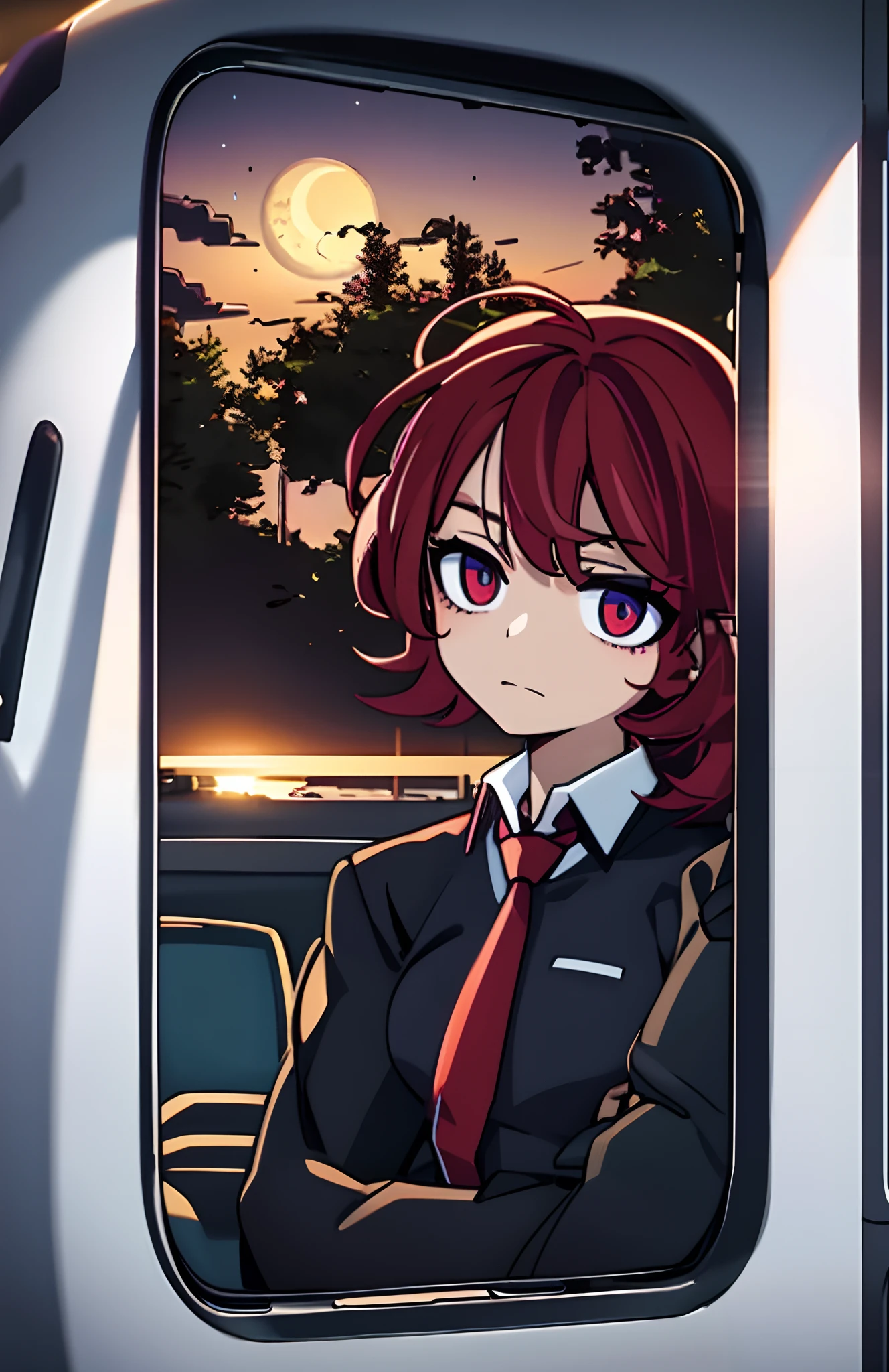 Tomboy leaning against the car window,looks into camera,A faint smile,There is the moon,Wine red hair,Cold white skin,Black shirt,red necktie,Hold your chest with your right hand,The other hand naturally droops