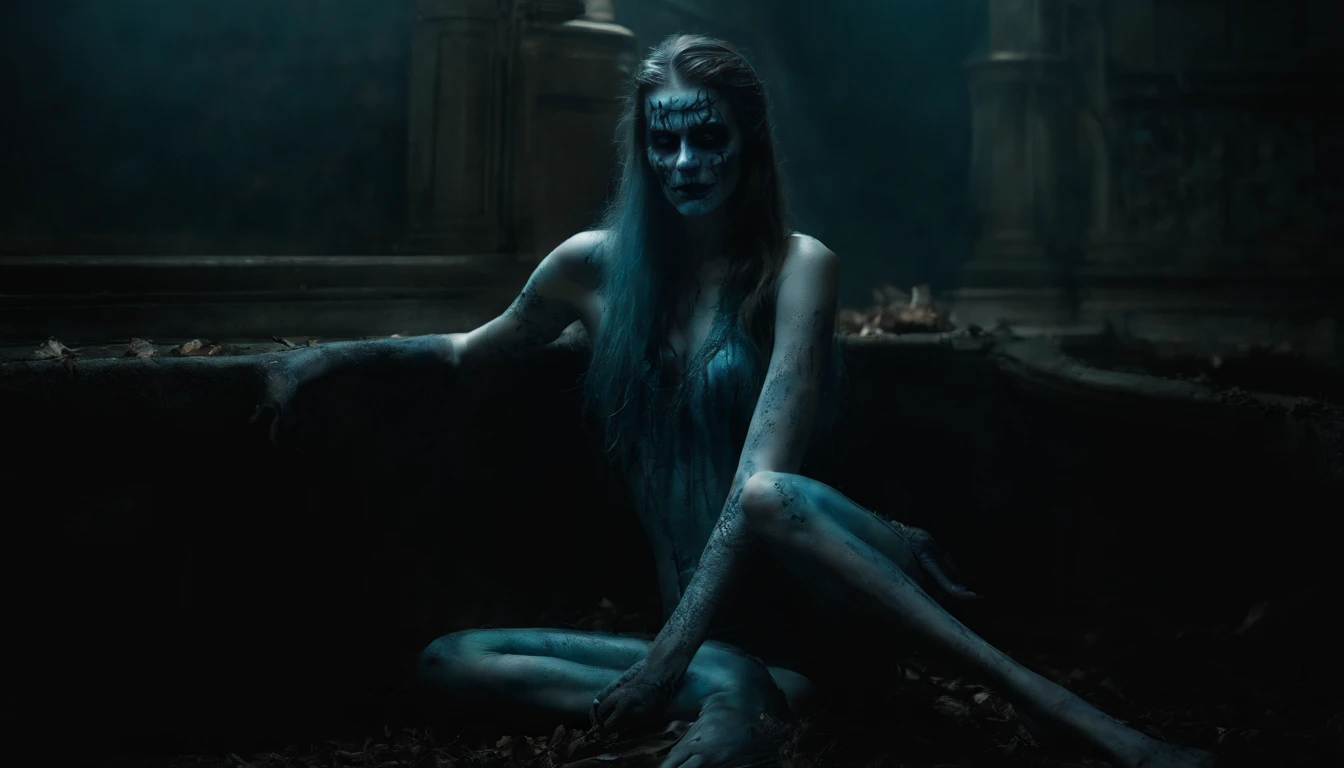 masterpiece inspired by Hellraiser, H. P. Lovecraft and Evil Dead 2013, realistic full body ((hard body pierced)) photography of two young evil zombie skinny female, without clothes slim skinny young two evil zombie female with hard body pierced ((two young slim skinny young evil zombie female, full body pierced)), decomposing, out dark-black liquid from decomposing body, 12k definition, full body of two beautiful cute young skinny creepy scary evil zombie female psycho monster bat young girl with sparkly translucent pale ghostly dark evil zombie skin cuddling close without clothes decaying black-blue liquid body with piercing, very intricate scary facepaint bodypaint full pierced with dark liquid out, detailed bright ghostly dark liquid out from eyes, freaky shiny evil zombie skinny emo, light blue and light green dark hair, and evil scary wicked grin-blue, dark shadowy scene in very spooky haunted house, ultra-detailed, ((dark art)), horror swamp, full body view, head to toe, UHD