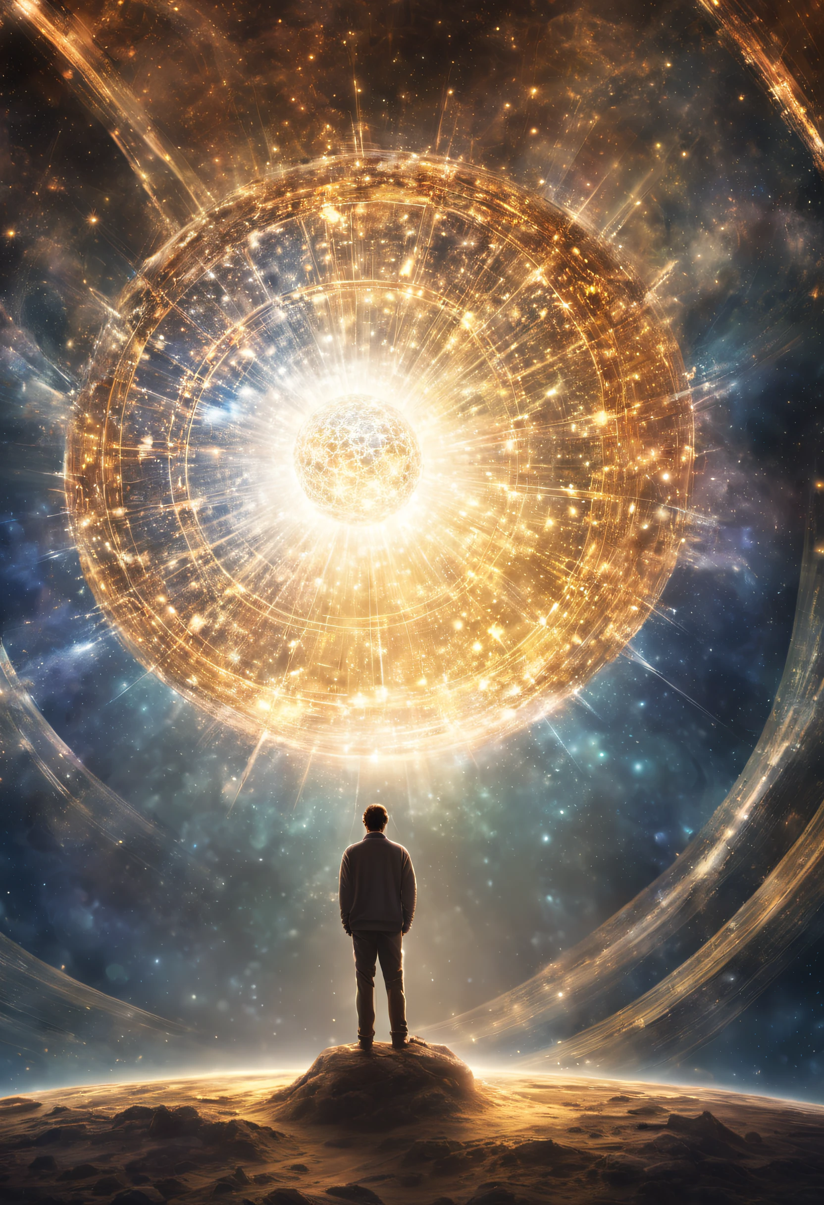 particles in the air, god rays, stars in the background, intricate fractals, detailed, (illustration), masterpiece, high resolution, best quality, Man at edge of creation of the universe, A giant mirror crystal sphere floating in space, flickering lights,