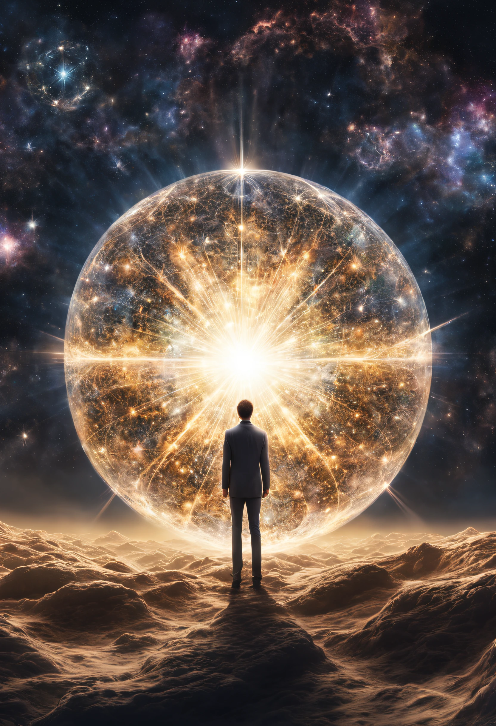 particles in the air, god rays, stars in the background, intricate fractals, detailed, (illustration), masterpiece, high resolution, best quality, Man at edge of creation of the universe, A giant mirror crystal sphere floating in space, flickering lights,