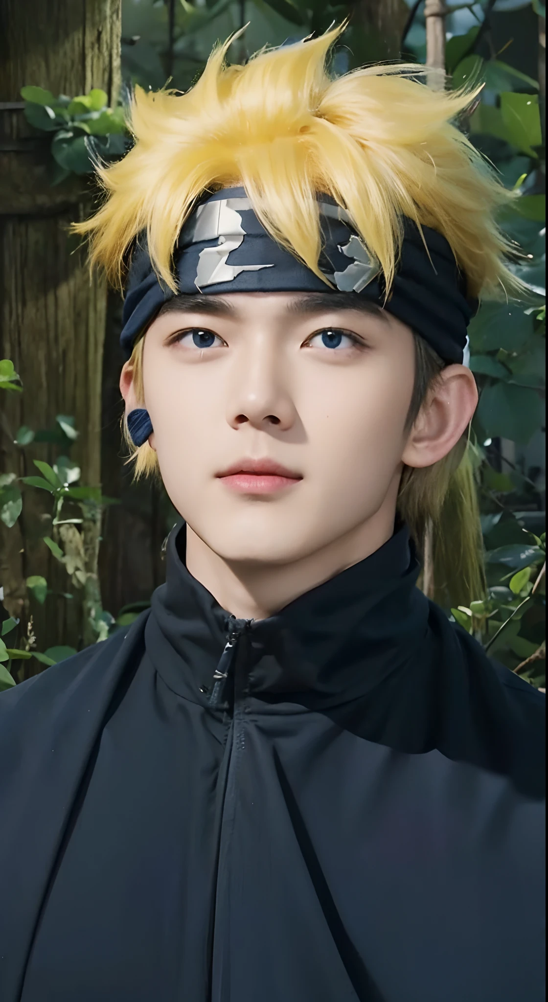 He has bright blue eyes. He has a tattoo on each cheek with three lines that look like a cat's whiskers.