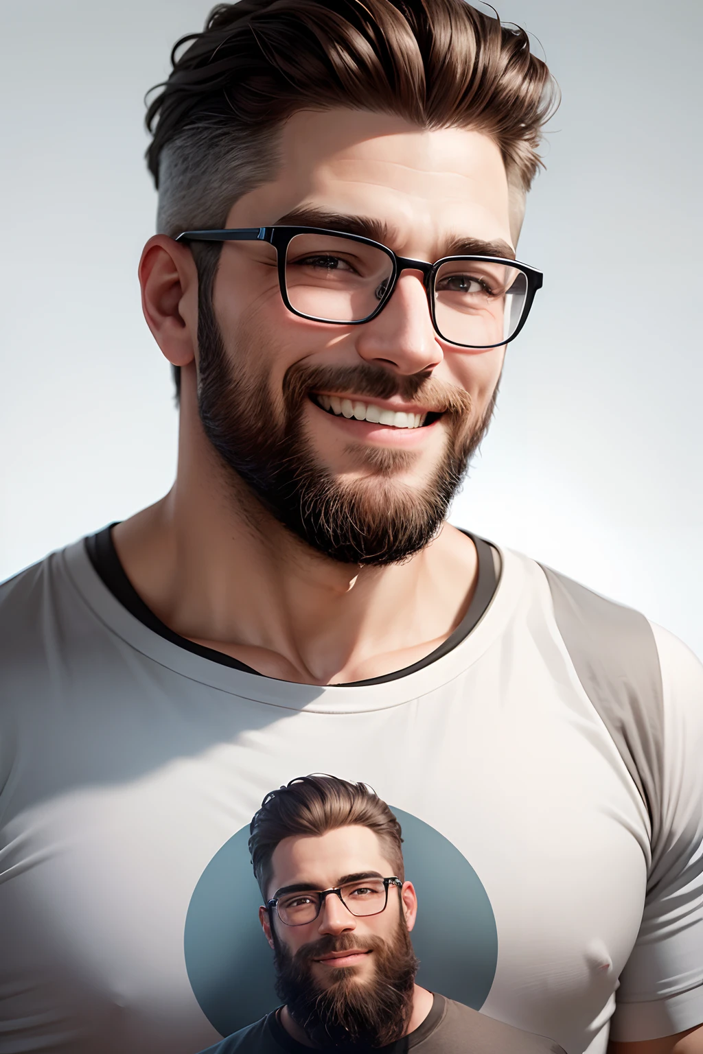 there is a man with glasses and a beard smiling and wearing t-shirt, high quality portrait, headshot portrait, professional-looking, camera angle in front of the person, realistic look, white or silver background, only head and shoulders, looking as software developer