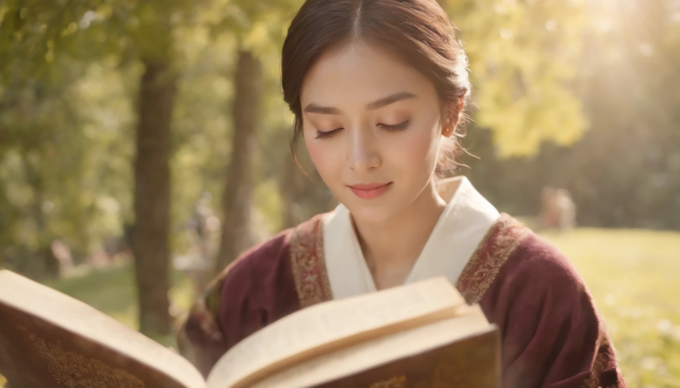 (Best Quality,Ultra-detailed,realisitic:1.37),portrait of a,Korean men and women reading the Bible,Oil Painting,Cathedral attire, View of the cathedral in the distance,Peaceful garden scene,Soft sunlight,tranquil expression,wisdom,Bible Quotes,vibrant colours,delicate brushwork,subtle textures,lush greenery,Contemplative atmosphere,Beautiful picture book,Highlighted features:Eyes in focus,gentle smiling,Graceful posture,Sunlight shining through the trees,rays,Quiet surroundings,serene ambiance,A Blessed Moment