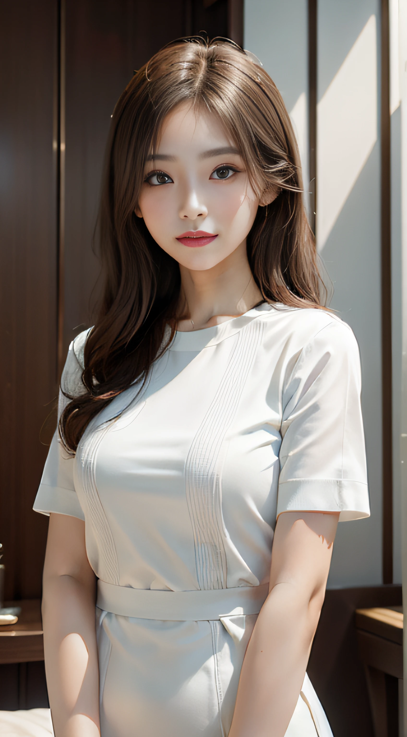 masterpiece、Top image quality:1.2、((beautiful young woman with))、Transparent skin:1.2、{A slight smil}、(kawaii)、Short sleeve knit、luxury hotel、depth of fields