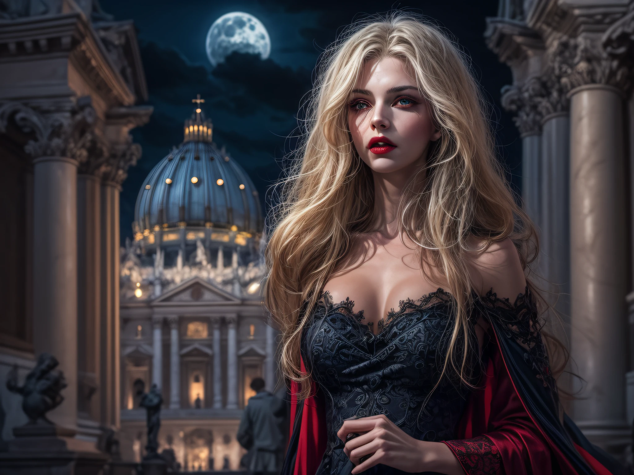 fantasy art, RPG art, photograph, RAW, (Ultra detailed: 1.5), Best Detailed, picture of a female vampire standing in St. Peter in the Vatican, an exquisute beautiful female vampire, full body, (best detailed face: 1.2), grey skin, red lips, (vampiric fangs1:1) (blood veins visible: 1.3), ultra feminie, blond hair, long hair, rich, flowing hair,wavy hair, red glowing eyes, wearing dark blue silk dress, intricate detaled dress, high heels, standing in St. Peter square in Vatican city, at night, full moon, stars in the sky, St. Peter square background, best quality, (extremely detailed), ultra wide shot, photorealism, depth of field, hyper realistic, 2.5 rendering,