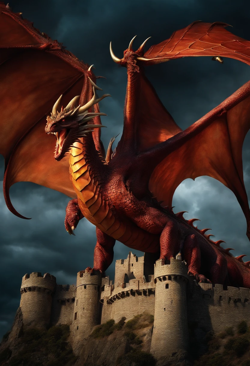 make me a dragon house of the dragon style. the name of the dragon and meleys known for its • Color: Red with copper scales. characteristics: Nicknamed “Red Queen,” Meleys is swift and graceful with spikes around her neck She is ridden by Rhaenys Targaryen. 4k realistic photo