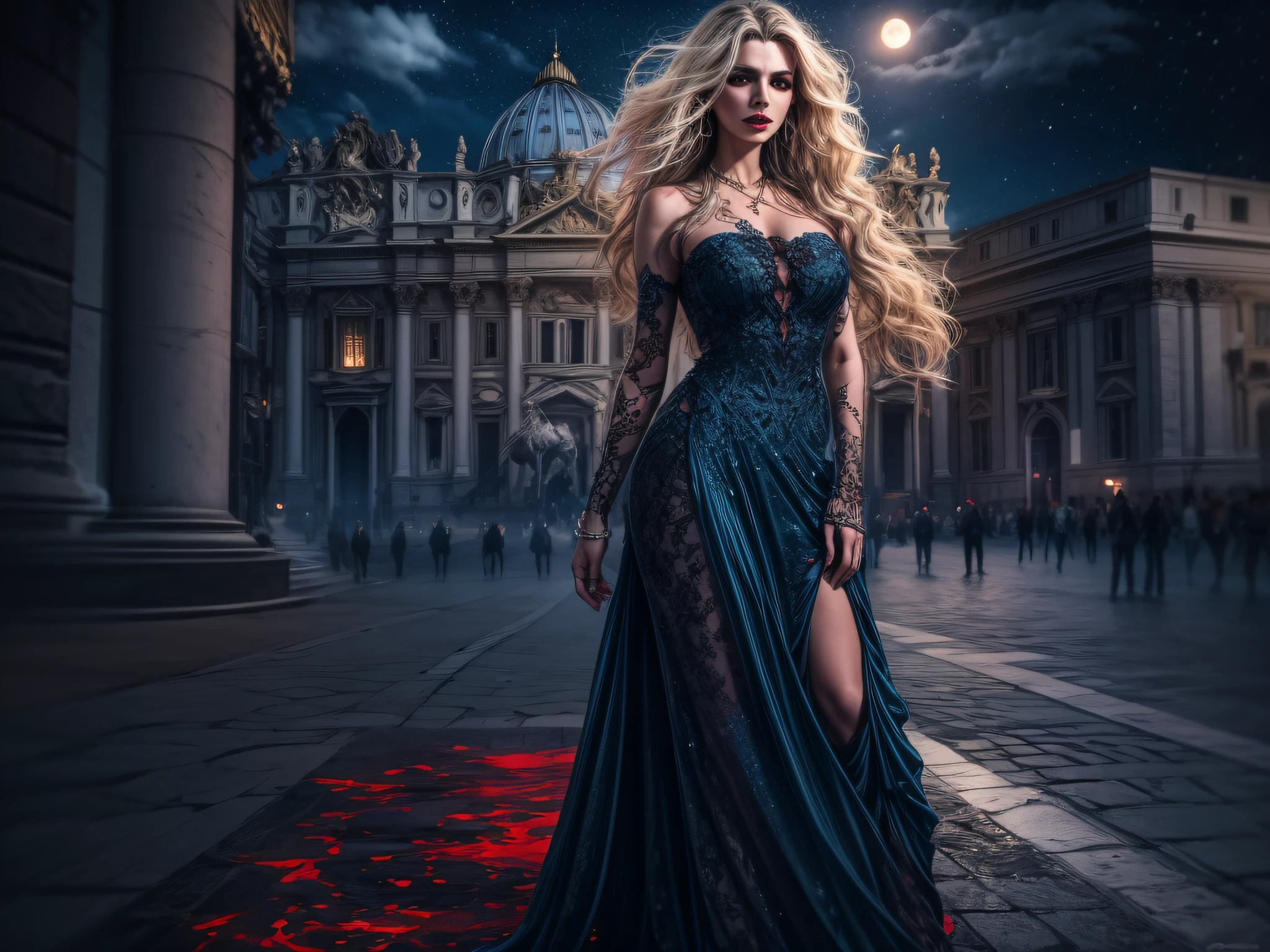 fantasy art, RPG art, photograph, RAW, (Ultra detailed: 1.5), Best Detailed, picture of a female vampire standing in St. Peter in the Vatican, an exquisute beautiful female vampire, full body, (best detailed face: 1.2), grey skin, red lips, (vampiric fangs1:1) (blood veins visible: 1.3), ultra feminie, blond hair, long hair, rich, flowing hair,wavy hair, red glowing eyes, wearing dark blue silk dress, intricate detaled dress, high heels, standing in St. Peter square in Vatican city, at night, full moon, stars in the sky, St. Peter square background, best quality, (extremely detailed), ultra wide shot, photorealism, depth of field, hyper realistic, 2.5 rendering,