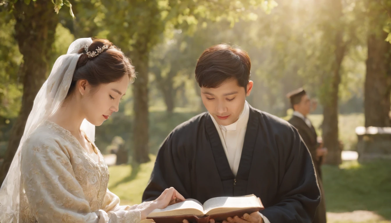 (Best Quality,Ultra-detailed,realisitic:1.37),portrait of a,Korean men and women reading the Bible,Oil Painting,Cathedral attire, View of the cathedral in the distance,Peaceful garden scene,Soft sunlight,tranquil expression,wisdom,Bible Quotes,vibrant colours,delicate brushwork,subtle textures,lush greenery,Contemplative atmosphere,Beautiful picture book,Highlighted features:Eyes in focus,gentle smiling,Graceful posture,Sunlight shining through the trees,rays,Quiet surroundings,serene ambiance,A Blessed Moment