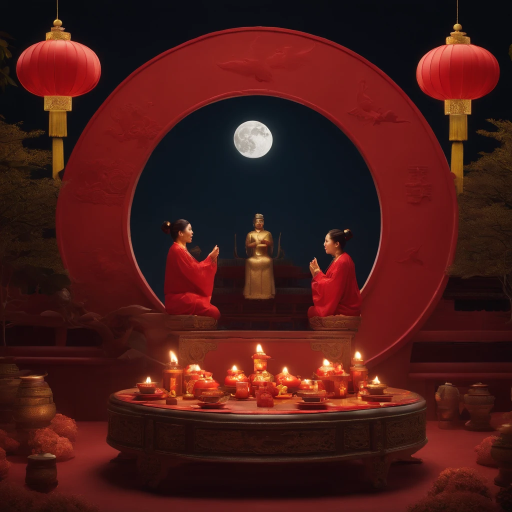 Mid-Autumn Festival, Reunion, Full moon, the night, (Moon cake), teas, the fruits, edgBunny, Chang'e rushes to the moon, symetry, High detail, romanticism lain, Sparkle, god light, Ray tracing, hyper HD, retinas, Masterpiece, ccurate, Super detail, High details, High quality, Best quality, A high resolution, 16k, Anatomical Correct Red Flag Flying Red Flag Five-Star Red Flag Tiananmen Huabiao