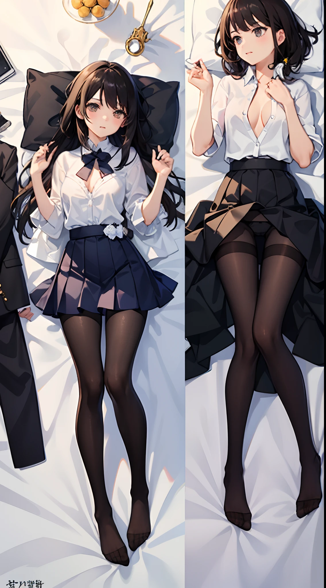 ​masterpiece、top-quality、best、超A high resolution、intricate-detail、An ultra-fine illustrations、perfect anatomia、Correct anatomy、perfectly proportions、face perfect、perfect hand、perfect leg、perfect fingers、18year old、女の子1人、full bodyesbian、small tits、Thin leg、small tits、sitting down on the floor、Put on the floor、laying on back、opening legs、Opening legs、Knee up、Will be yin、Inter-strands、Lying on a white bed facing the front、Lower body facing forward、Slender feet、legs slightly open、Pointing straight up、Sleeping in a big letter、Legs are  are spread、Hands are slightly raised up、the lower body is directed upwards、Panchira、Full body portrait、brown haired、Medium hair、Medium haircut、Eyes open in embarrassment、Anxious expression、red blush、Black_stockings、black transparent stockings、Black knee socks、Black knee high、Black stockings、Black pantyhose、Black Lace Pantyhose、black lence stockings、Black sheer pantyhose、Black transparent pantyhose、No shoes、No shoes on、White background under stockings_pure white_panties on、Pure white underwear、Pure white panties、Skirt taken off、I don't wear a skirt、Pure white bra、Underwear、White blouse uniform、Japanese high school students、Bedrooms、inside the house、during daytime、（small tits）、((full bodyesbian))、​masterpiece、（top-quality）