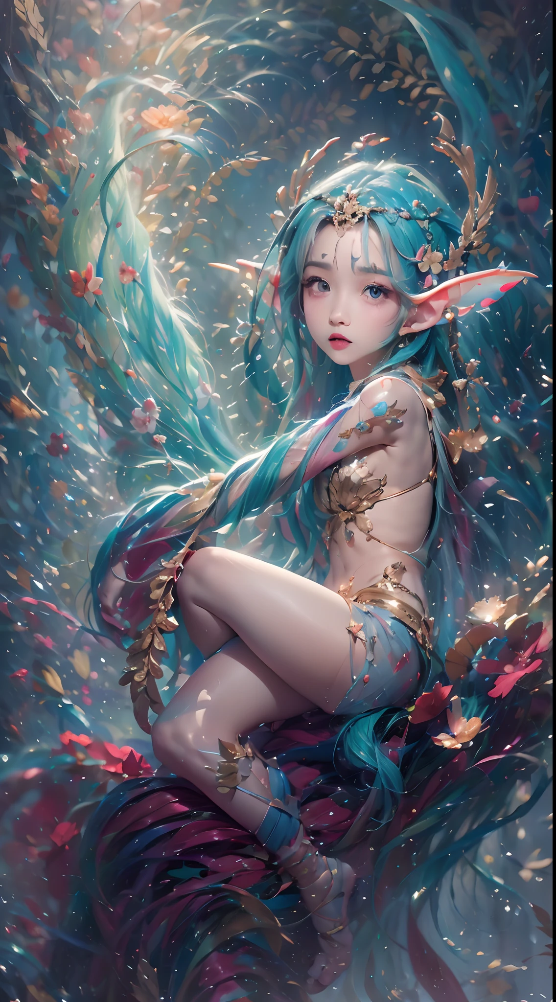 ( Absurd, High quality, Ultra-detailed, Masterpiece, concept-art, smooth, high detail artwork, Hyper-realistic painting , high resolution, paint splatter, colored splashing, Splash of Ink, colored splashing), (( Rainbow hair)),elf, Plum elf, plum , Transparent fairy wings, wearing only his underwear,huge tit,low chest,fairytale-like, Romantic, Vivid, Whole body,hand behind back,Malu,largeeyes,(Eye focus),Cosmic eyes,Full body photo,Space eyes,In nature with waterfalls,PureErosFace_V1,Urzang-6500-V1 version.1,