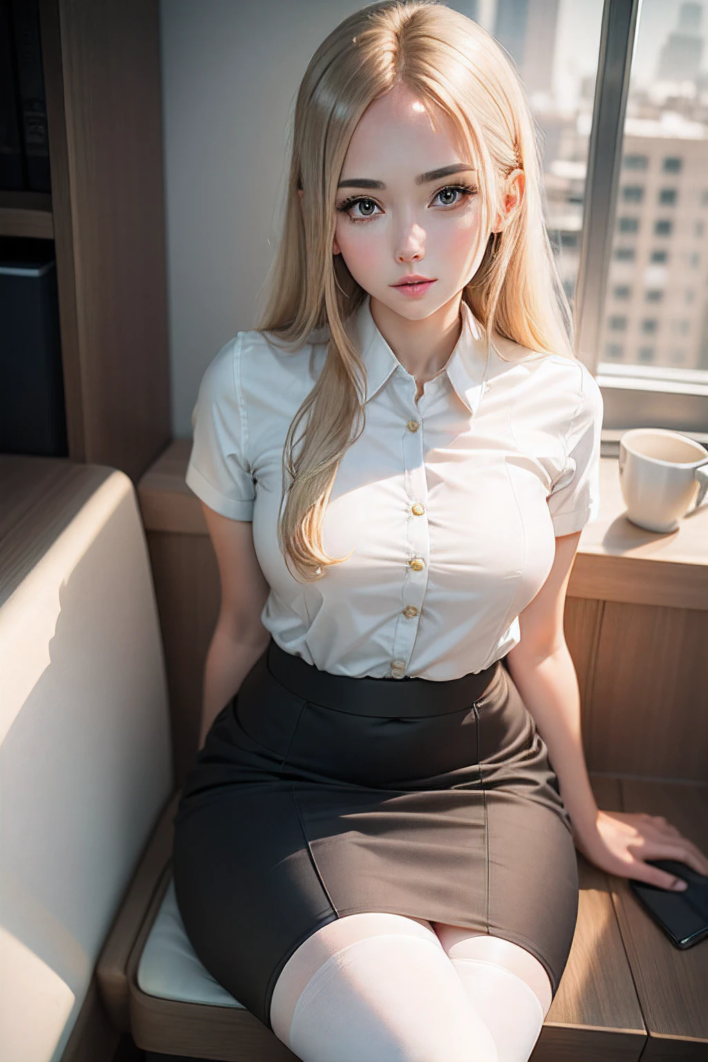 best qualtiy, Full body like,Refined face,pretty face,25 years old woman,slimfigure,Smaller bust,office lady uniform,Office wear,white stockings,Outdoor scene,Sit Pose,yellow long hair