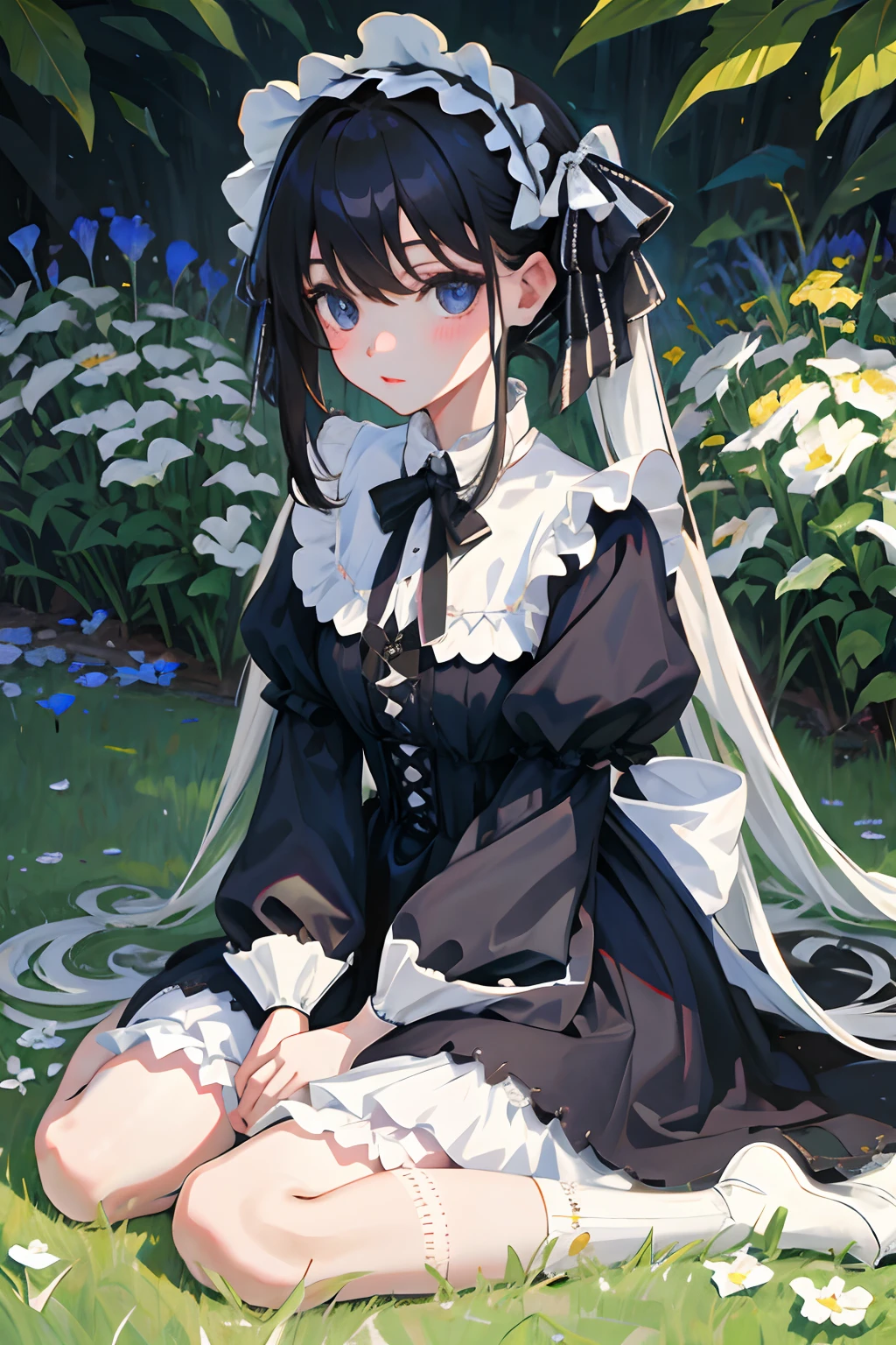 hand between legs，，（​masterpiece，Highest Quality），White Gothic Lolita，Pasture，A dark-haired