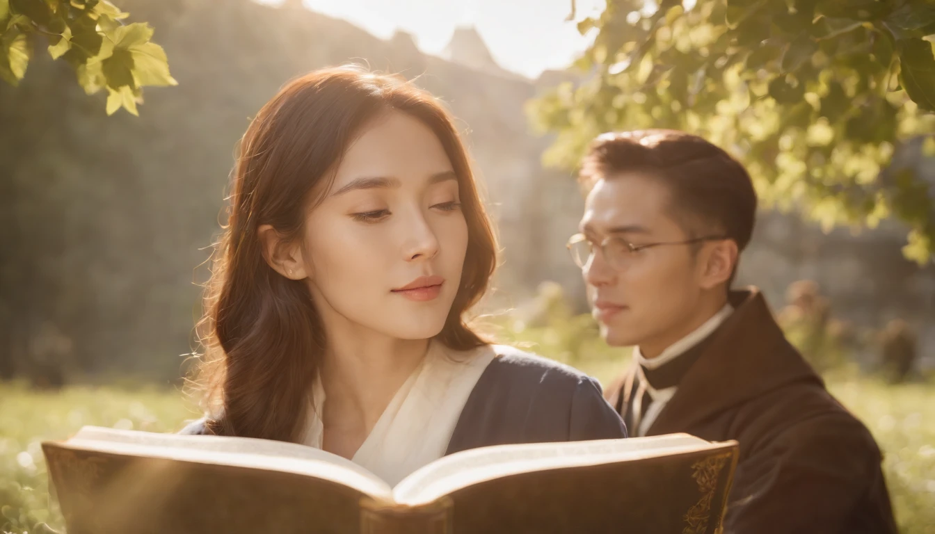 (Best Quality,Ultra-detailed,realisitic:1.37),portrait of a,Korean men and women reading the Bible,Oil Painting,Cathedral attire, View of the cathedral in the distance,Peaceful garden scene,Soft sunlight,tranquil expression,wisdom,Bible Quotes,vibrant colours,delicate brushwork,subtle textures,lush greenery,Contemplative atmosphere,Beautiful picture book,Highlighted features:Eyes in focus,gentle smiling,Graceful posture,Sunlight shining through the trees,rays,Quiet surroundings,serene ambiance,A Blessed Moment
