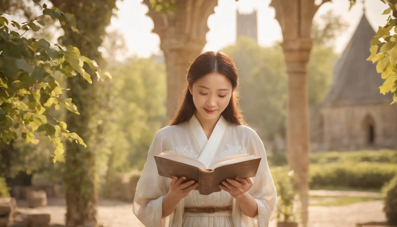 (Best Quality,Ultra-detailed,realisitic:1.37),portrait of a,Korean men and women reading the Bible,Oil Painting,Cathedral attire, View of the cathedral in the distance,Peaceful garden scene,Soft sunlight,tranquil expression,wisdom,Bible Quotes,vibrant colours,delicate brushwork,subtle textures,lush greenery,Contemplative atmosphere,Beautiful picture book,Highlighted features:Eyes in focus,gentle smiling,Graceful posture,Sunlight shining through the trees,rays,Quiet surroundings,serene ambiance,A Blessed Moment